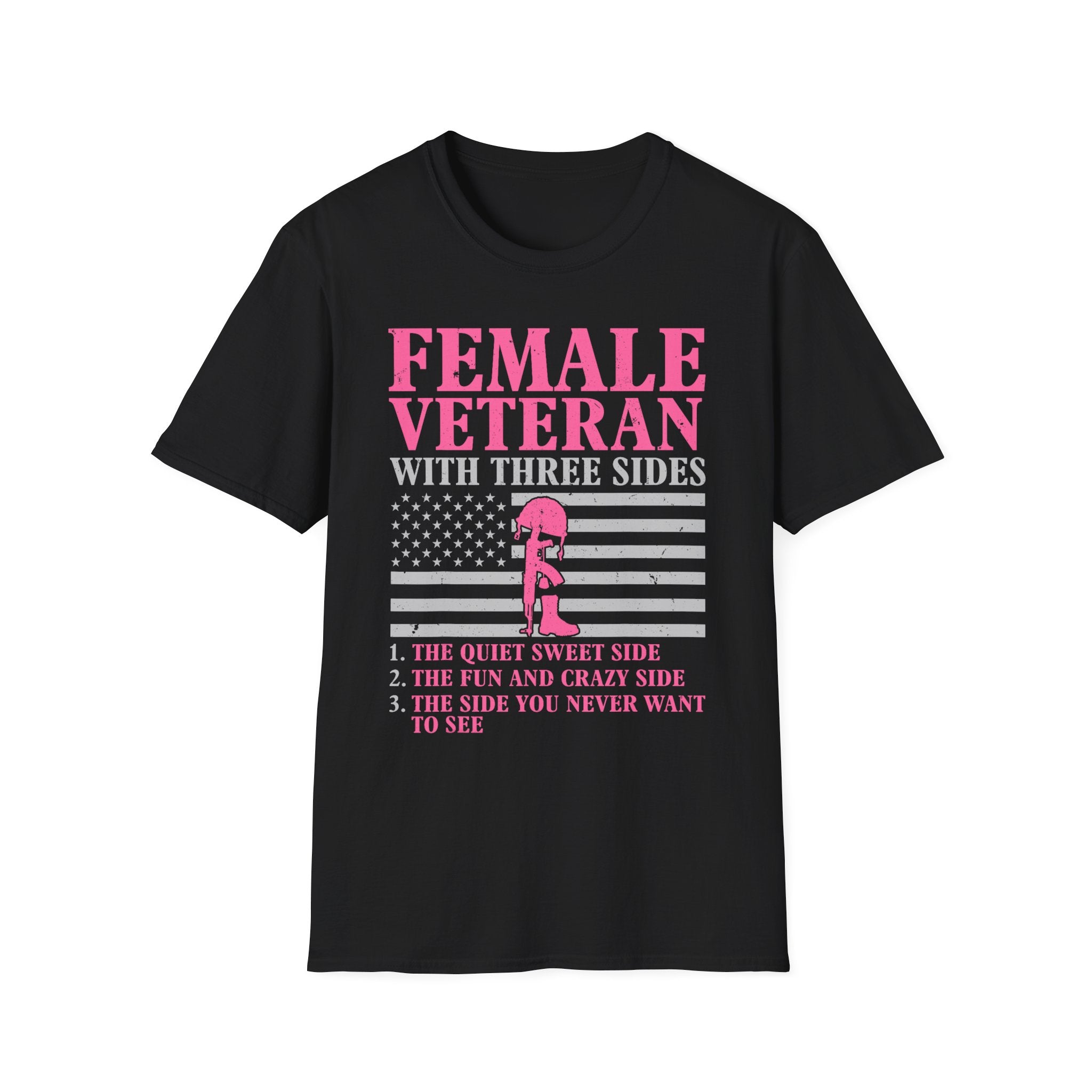 Female Veteran with Three Sides T-Shirt | American Flag, Pink Helmet, Military Pride