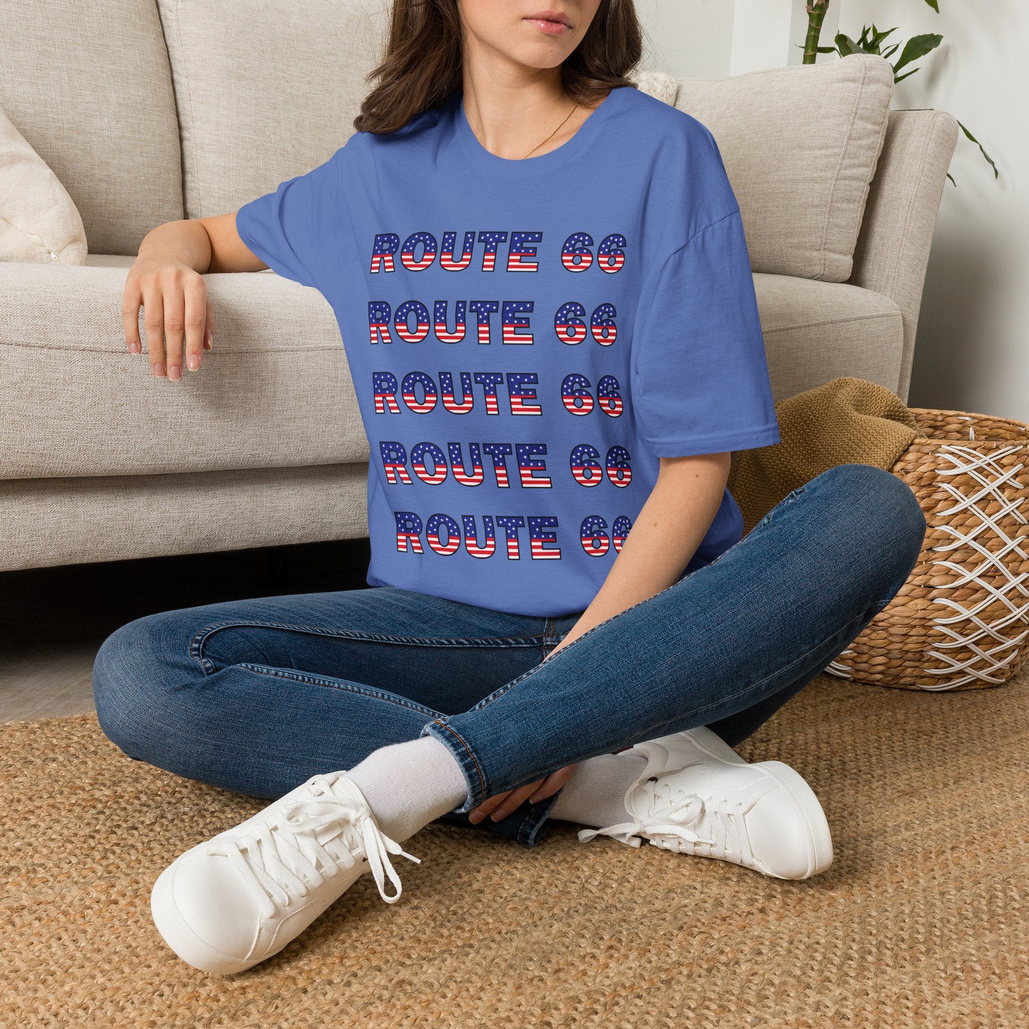 Route 66 Retro Text T-Shirt | American Flag Roadtrip Graphic