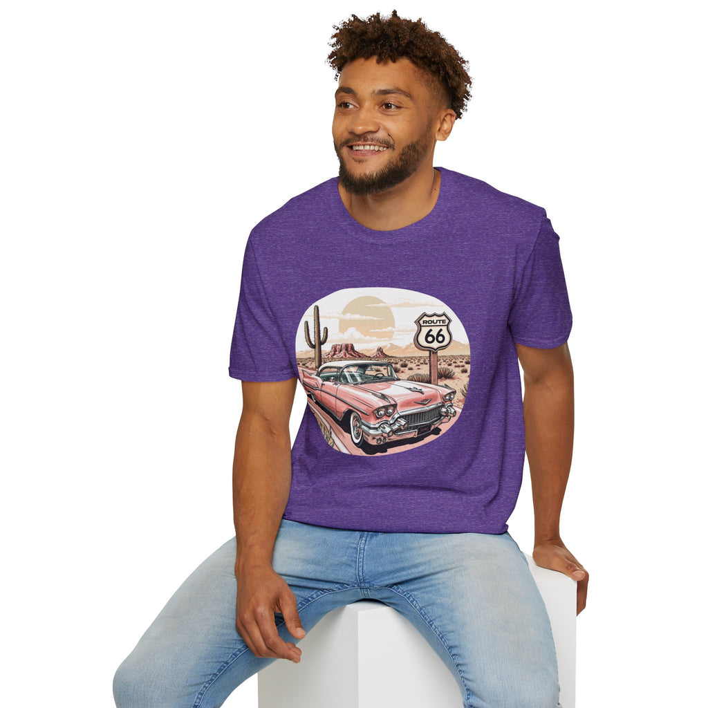 Retro Pink Classic Car Route 66 T-Shirt | Desert Cactus Vintage Roadtrip