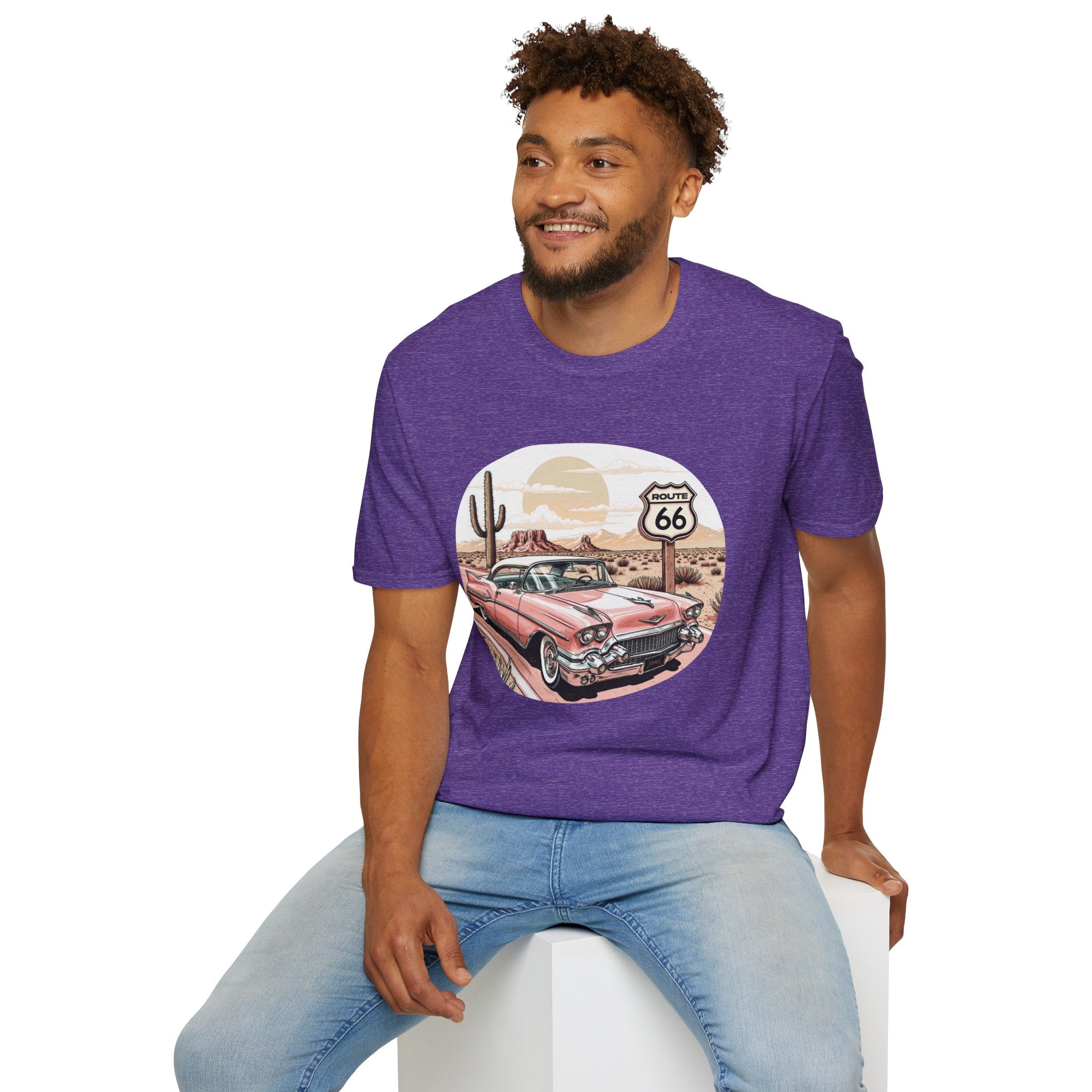 Retro Pink Classic Car Route 66 T-Shirt | Desert Cactus Vintage Roadtrip