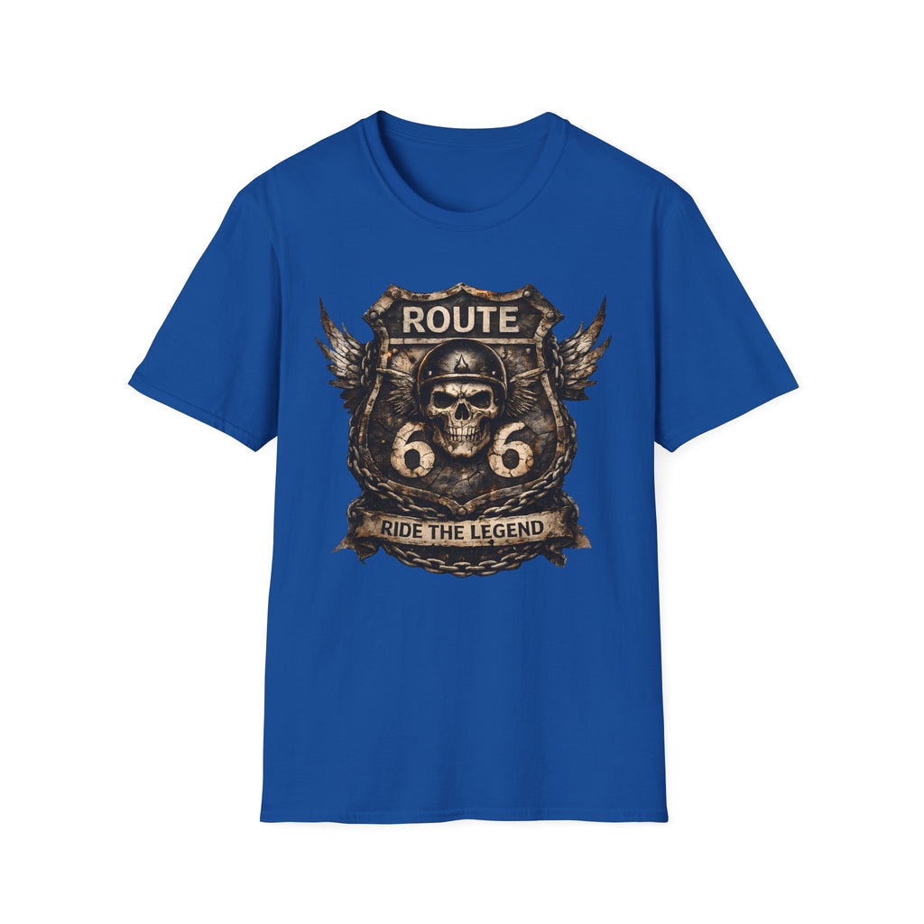 Route 66 Skull Badge T-Shirt | Ride the Legend, Winged Helmet Motorcycle Design