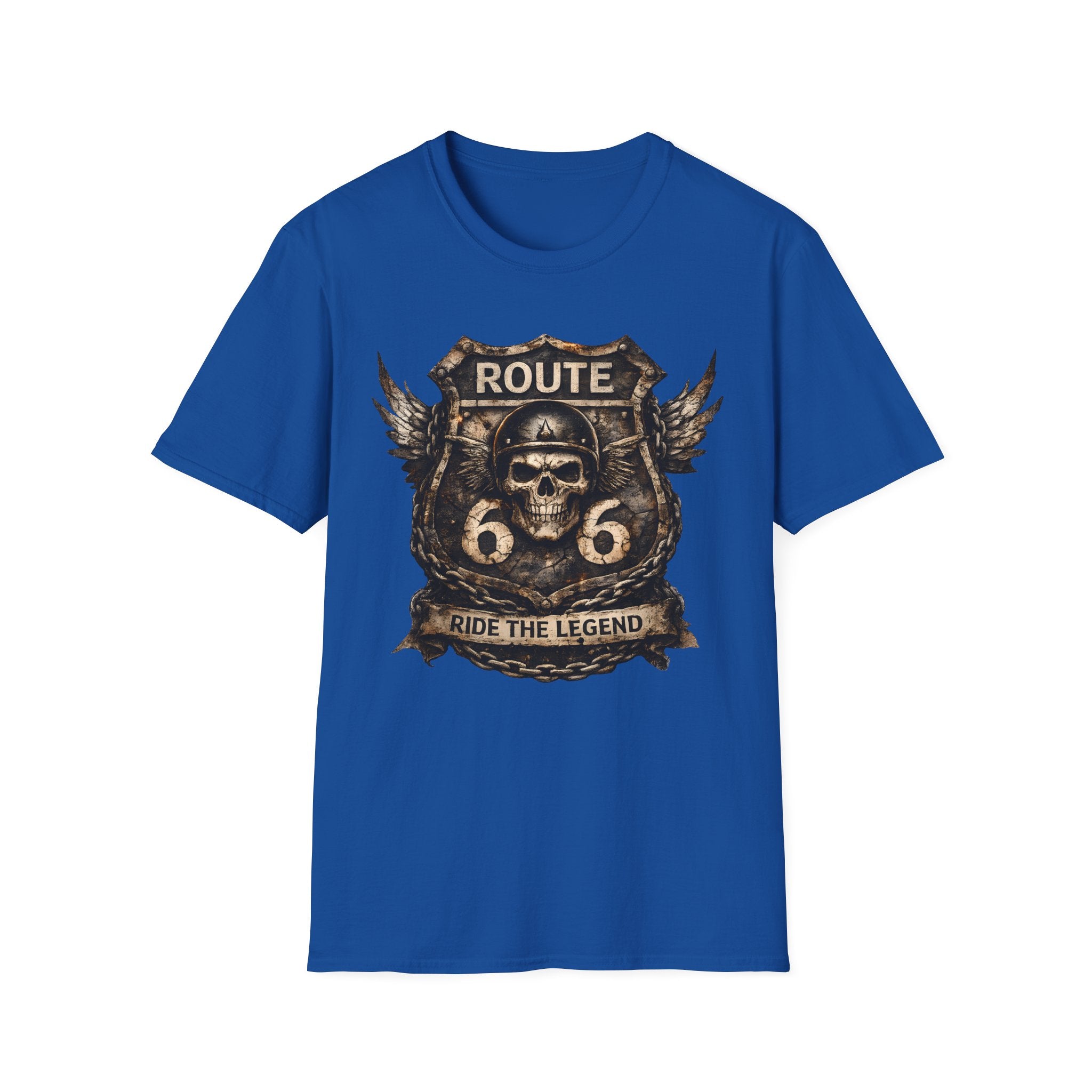 Route 66 Skull Badge T-Shirt | Ride the Legend, Winged Helmet Motorcycle Design