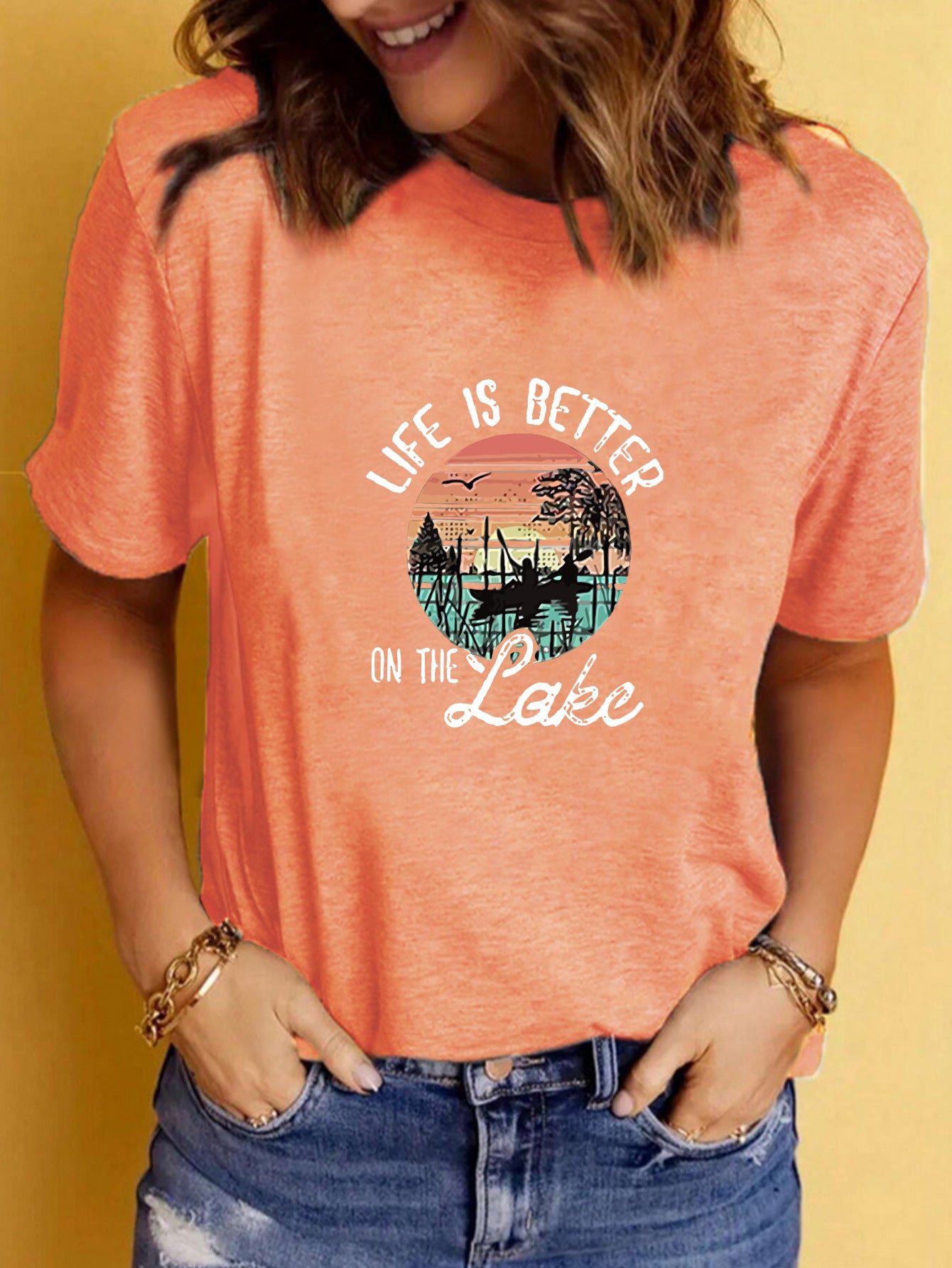 LAKE print round neck short sleeved T-shirt