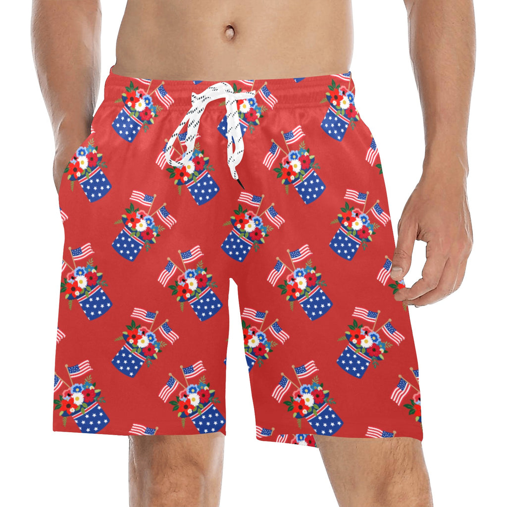 Red White and Blue Celebration Men's Mid-Length Beach Shorts Free Shipping USA