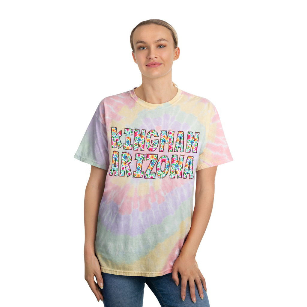 Colorful Tie-Dye Tee with 'Kingman Arizona' Design, Summer Vibe, Perfect for Festivals, Gifts, Beach Days, Casual Wear