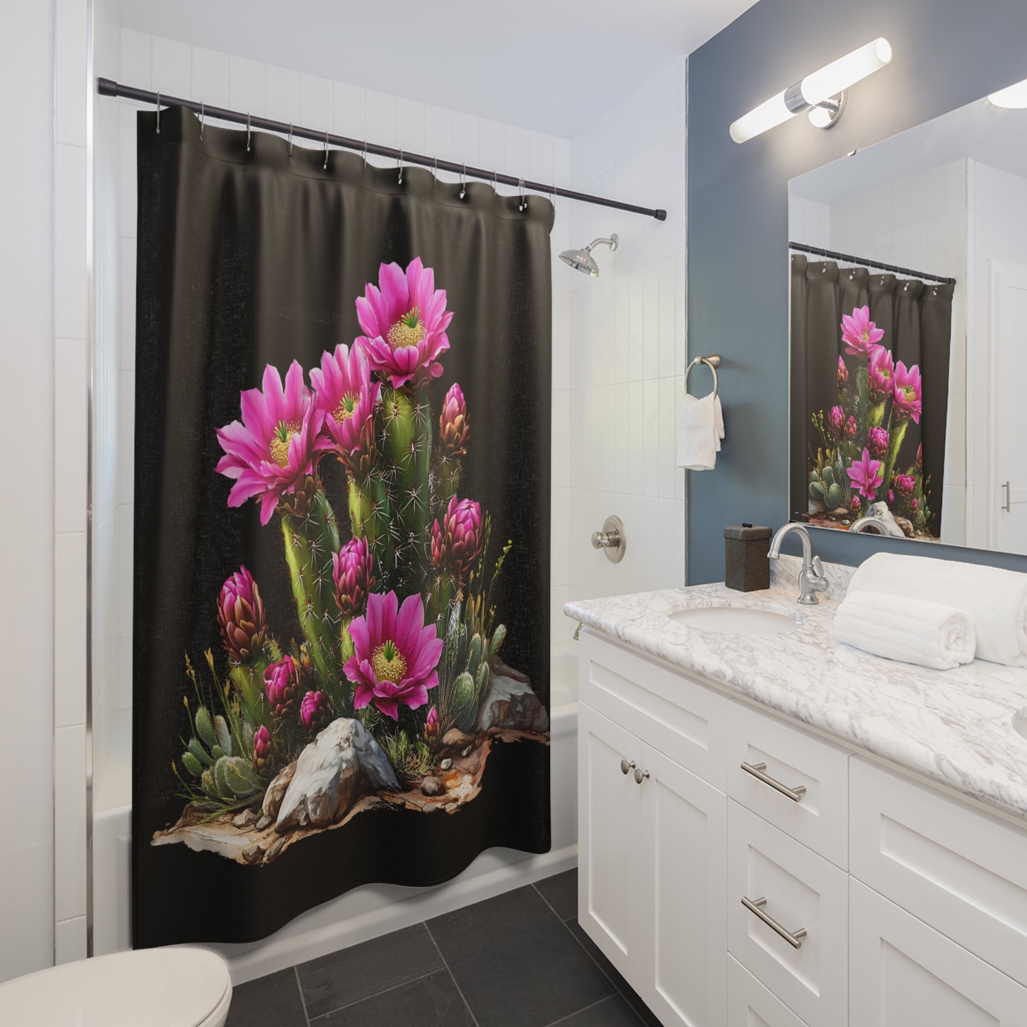 AZ Arizona Vibrant Cactus Shower Curtain with Pink Blooms - Boho Bathroom Decor, Unique Gift for Nature Lovers, Floral Print, Home & Garden