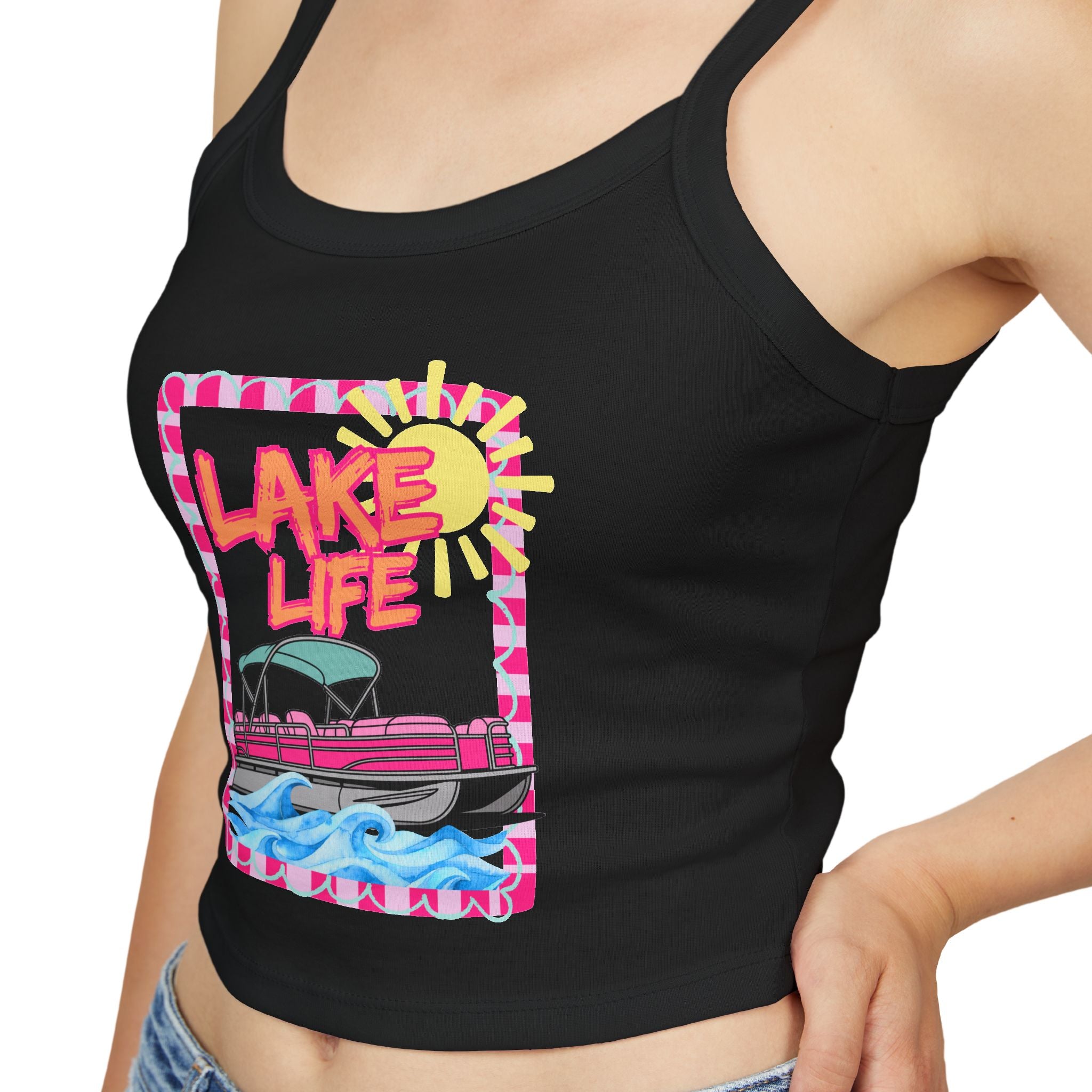 Lake Life Boat Graphic Tank Top | Retro Sunset Lakeside Design