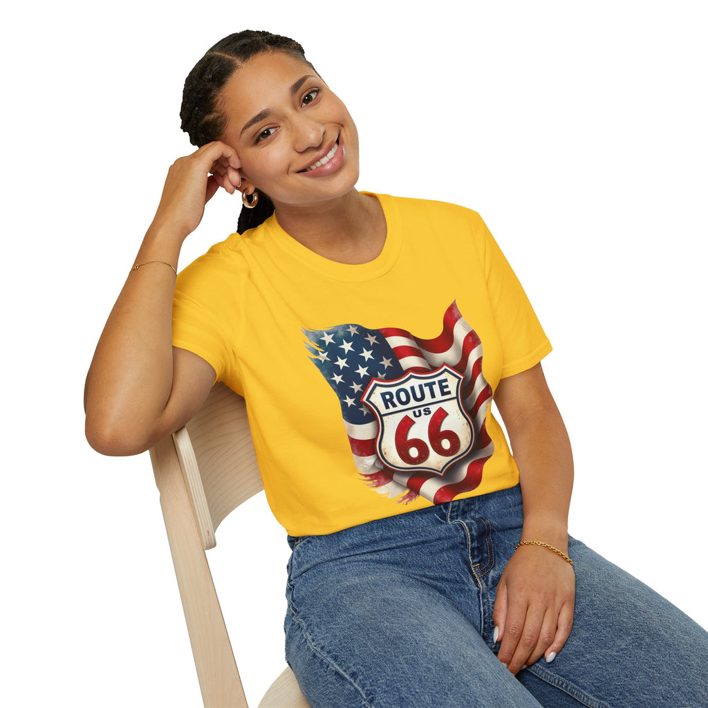 Route 66 Shield with American Flag T-Shirt | Vintage Road Trip Tee