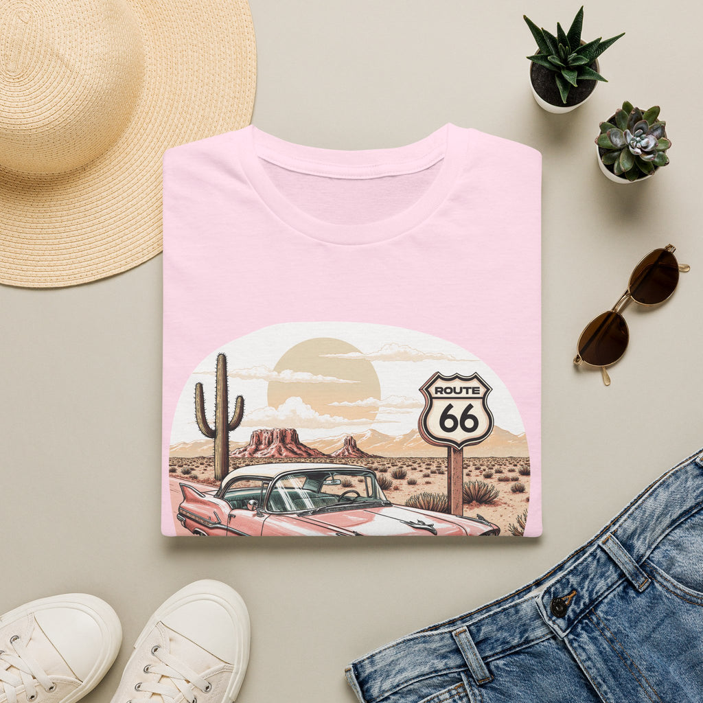 Retro Pink Classic Car Route 66 T-Shirt | Desert Cactus Vintage Roadtrip