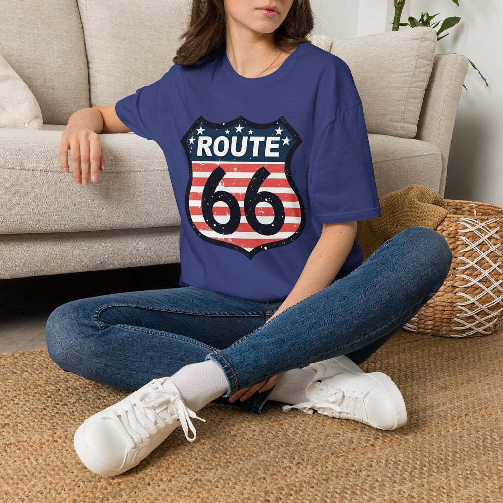 Route 66 Shield T-Shirt | American Flag Vintage Road Sign