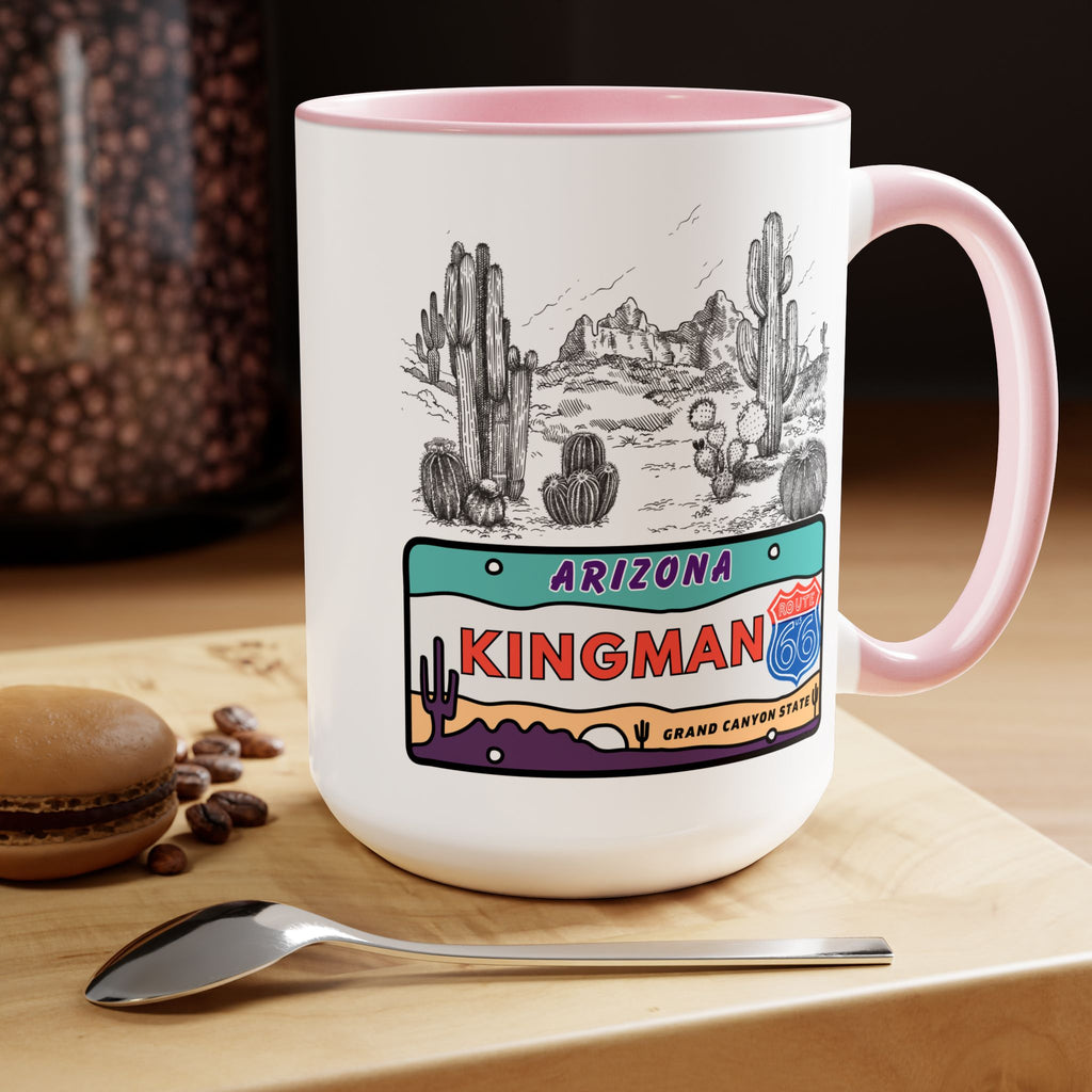 Kingman Arizona Route 66 Two-Tone Coffee Mugs, 15oz