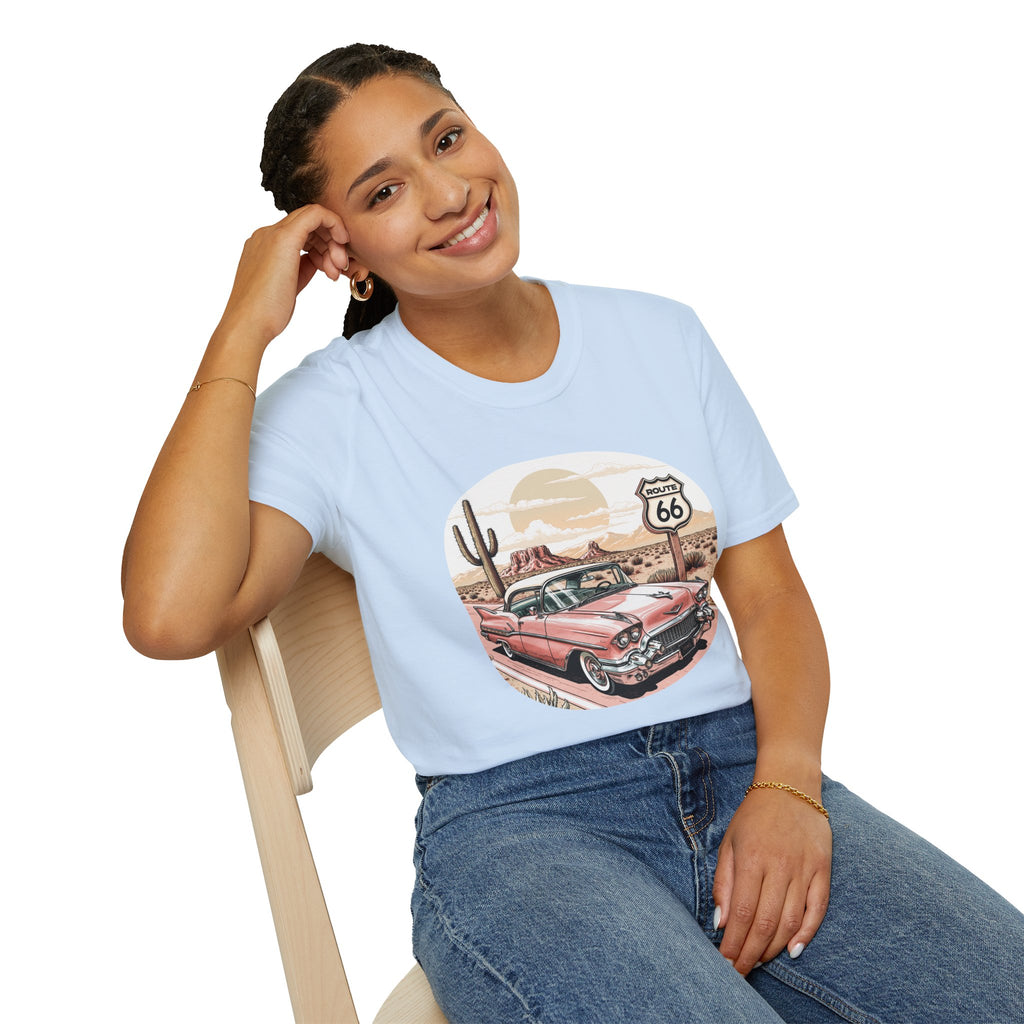 Retro Pink Classic Car Route 66 T-Shirt | Desert Cactus Vintage Roadtrip