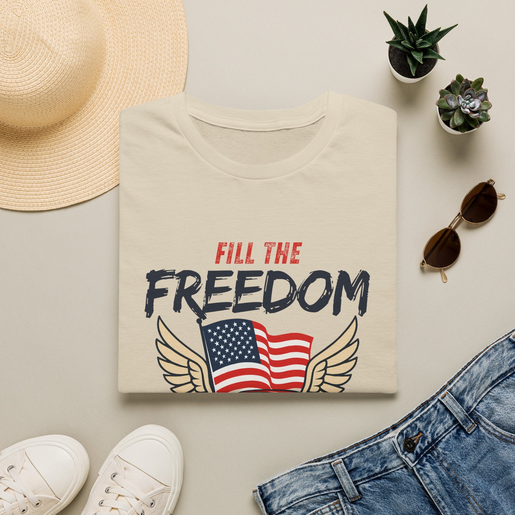 Fill the Freedom Vintage Car T-Shirt | American Flag Wings Chicago to Santa Monica Route 66