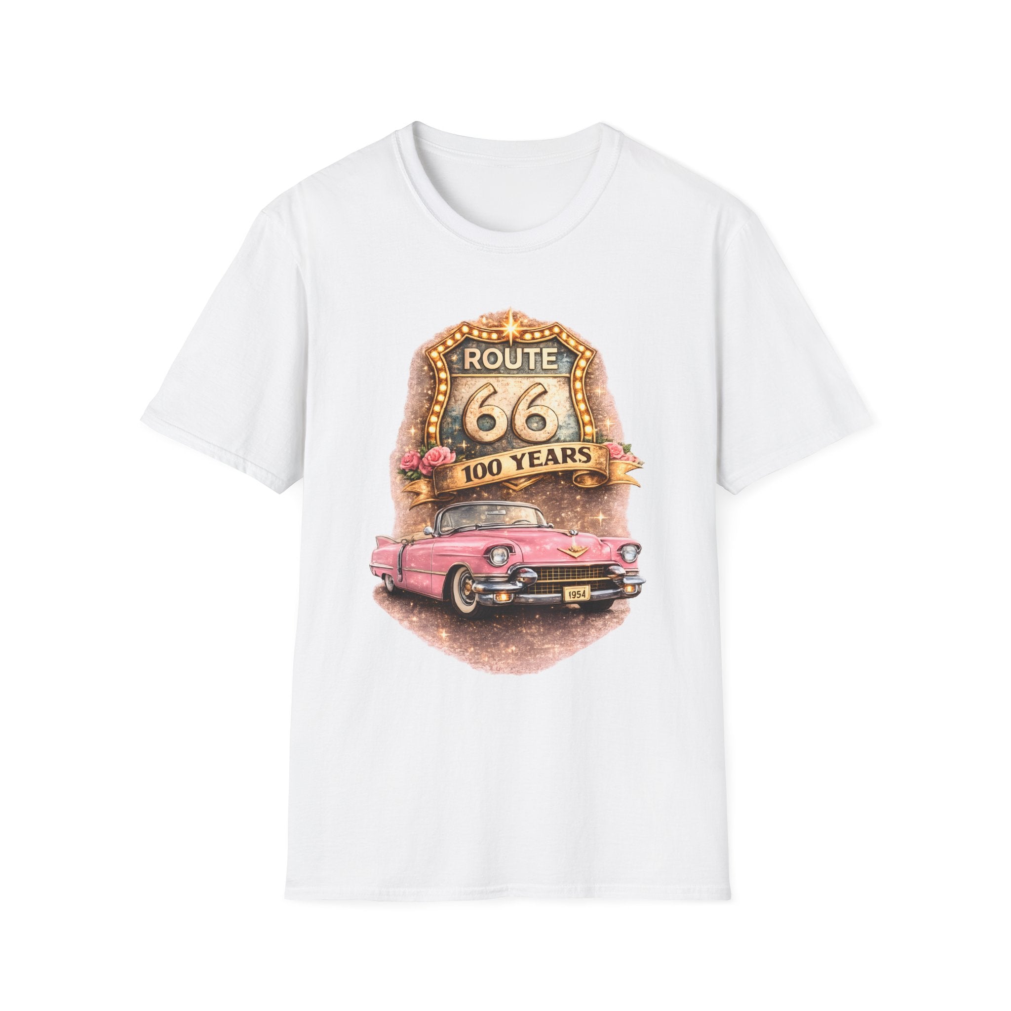 Route 66 100 Years Pink Classic Car T-Shirt | Vintage Road Trip Tee