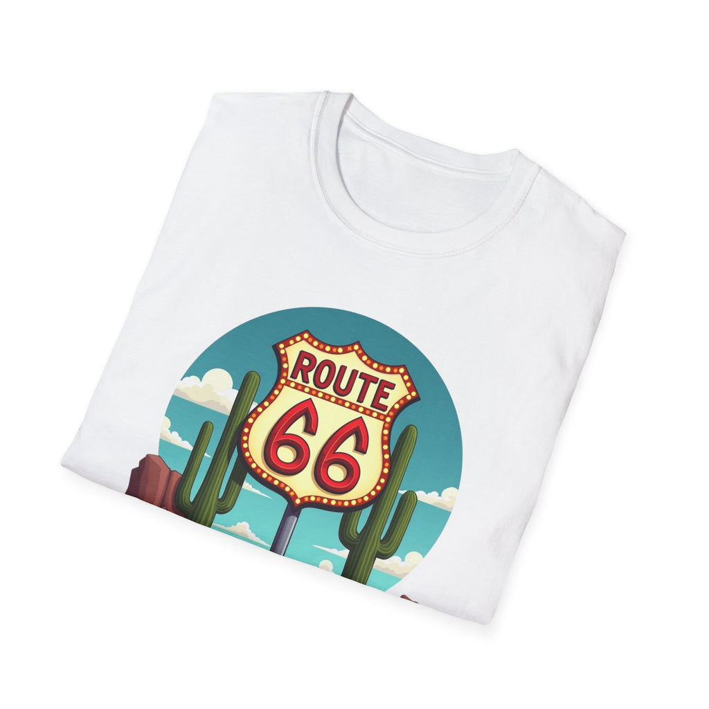 Route 66 Classic Car T-Shirt | Retro Desert Road Sign, Vintage Convertible