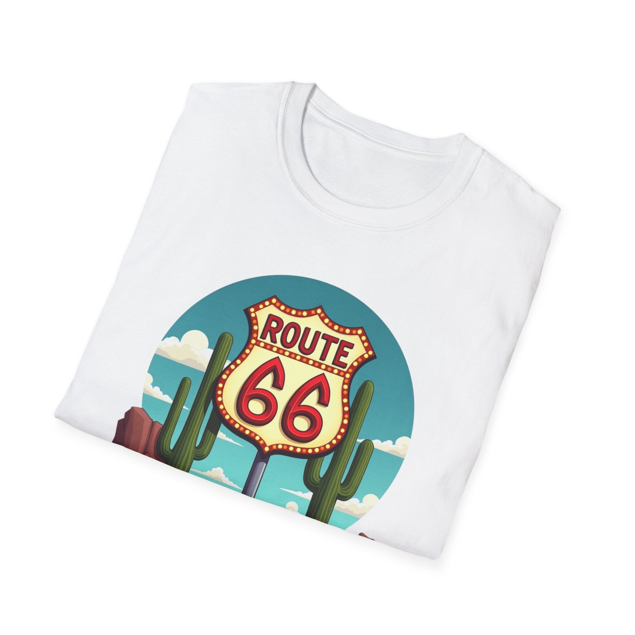 Route 66 Classic Car T-Shirt | Retro Desert Road Sign, Vintage Convertible