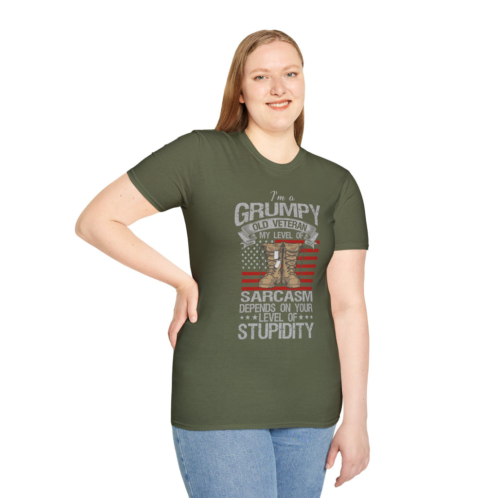 Grumpy Old Veteran Boots, T-Shirt | American Flag, Sarcasm Depends on Stupidity