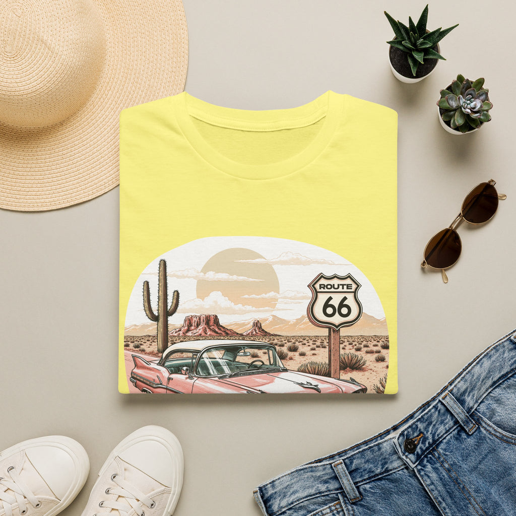 Retro Pink Classic Car Route 66 T-Shirt | Desert Cactus Vintage Roadtrip