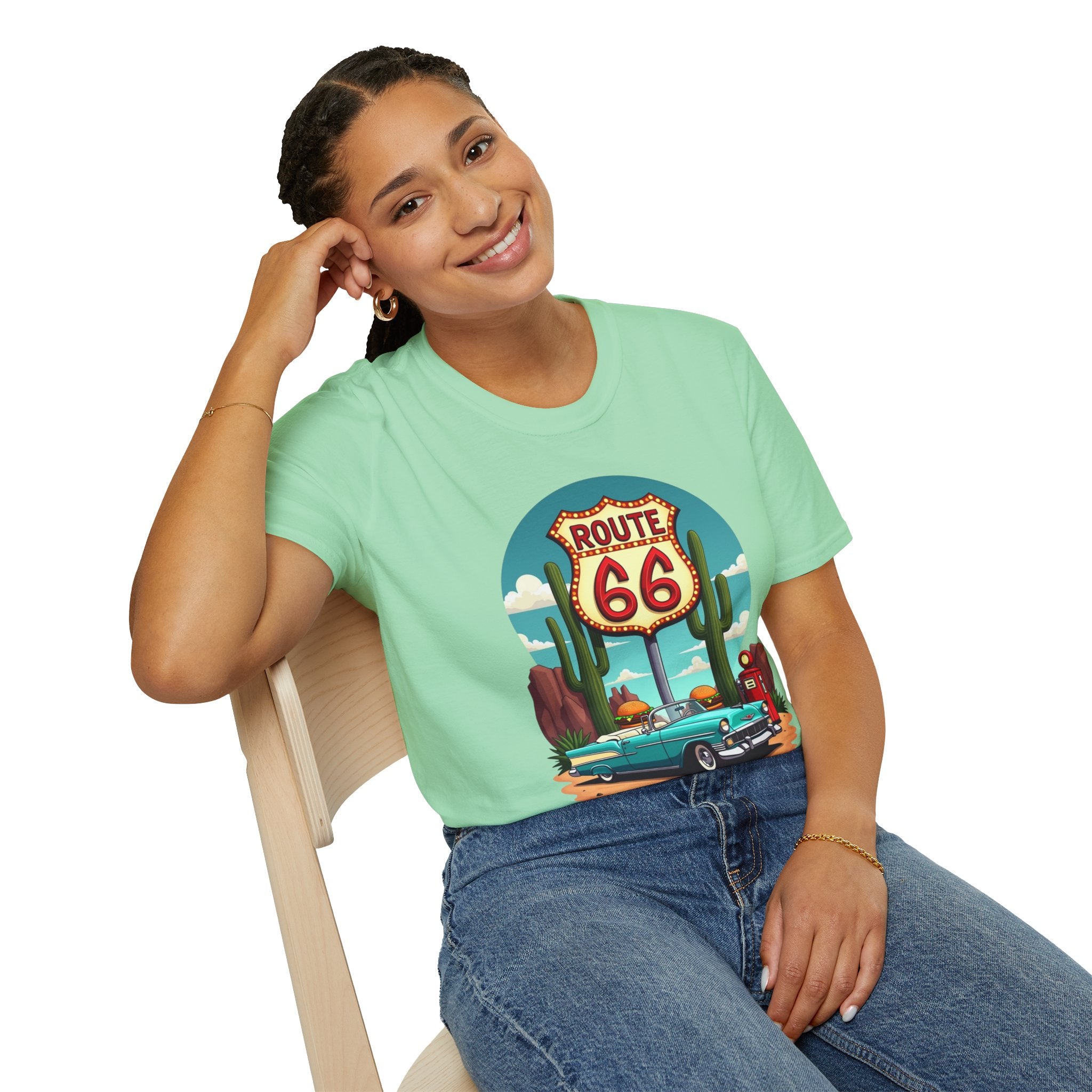Route 66 Classic Car T-Shirt | Retro Desert Road Sign, Vintage Convertible