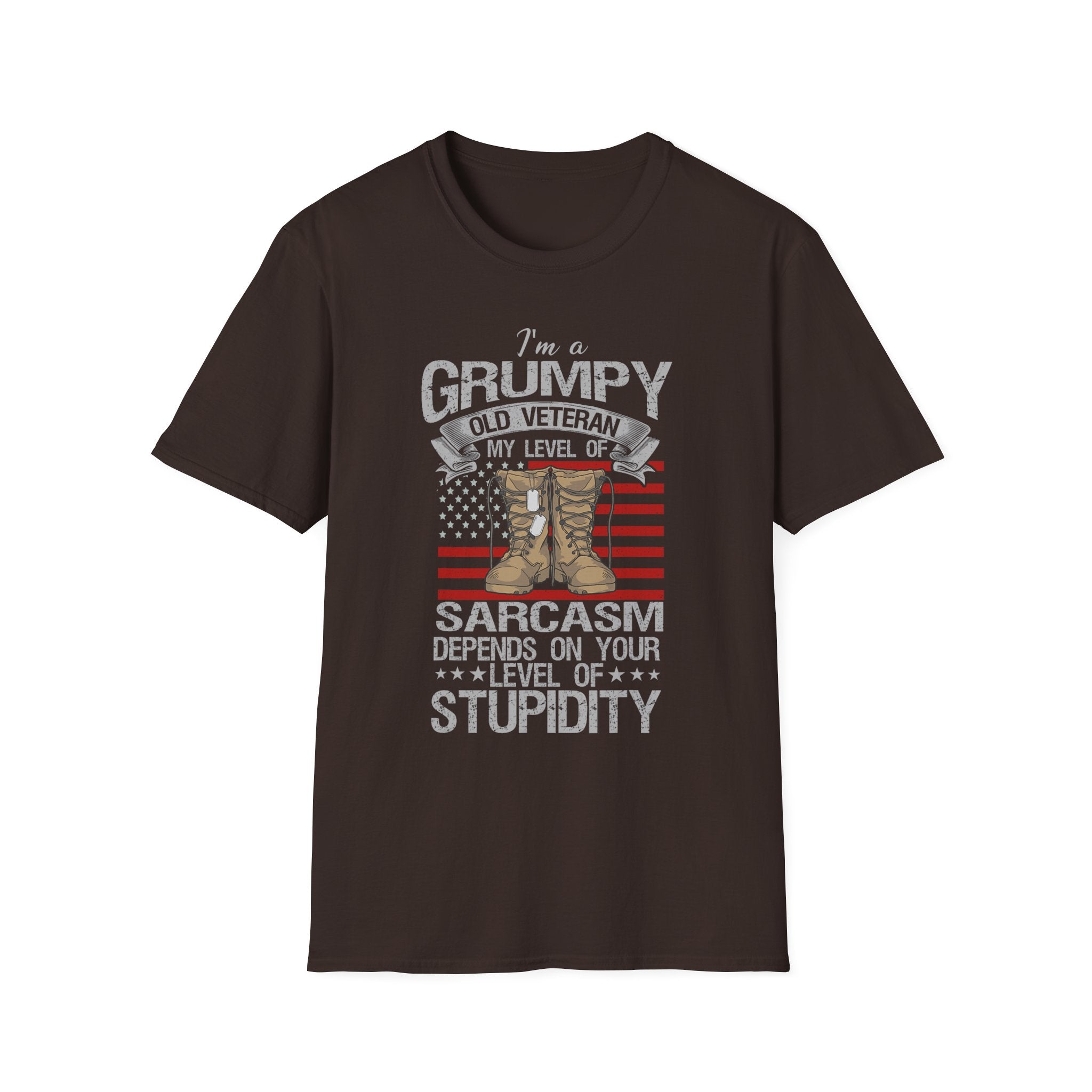 Grumpy Old Veteran Boots, T-Shirt | American Flag, Sarcasm Depends on Stupidity
