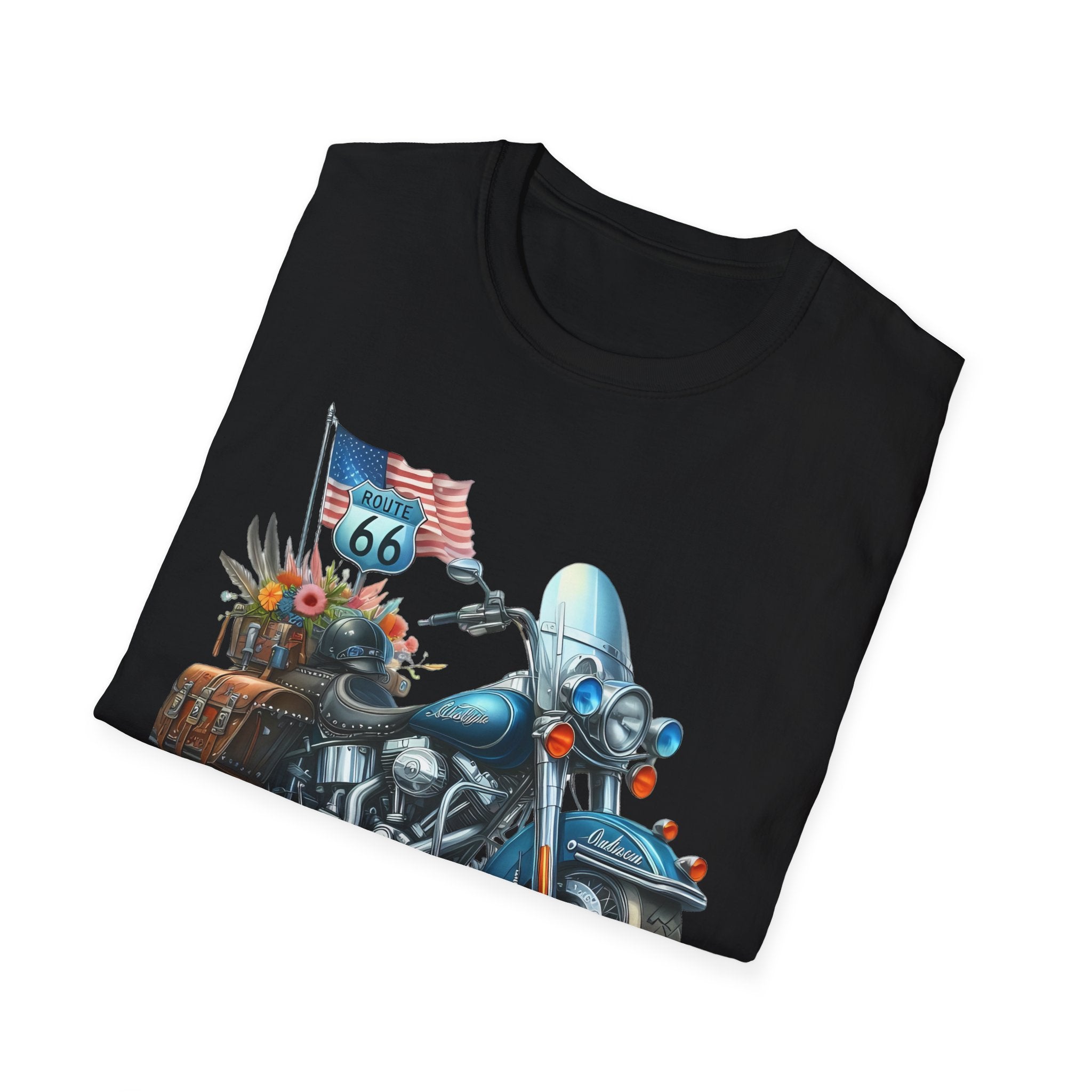 Route 66 Motorcycle Illustration T-Shirt | American Flag, Sunflowers