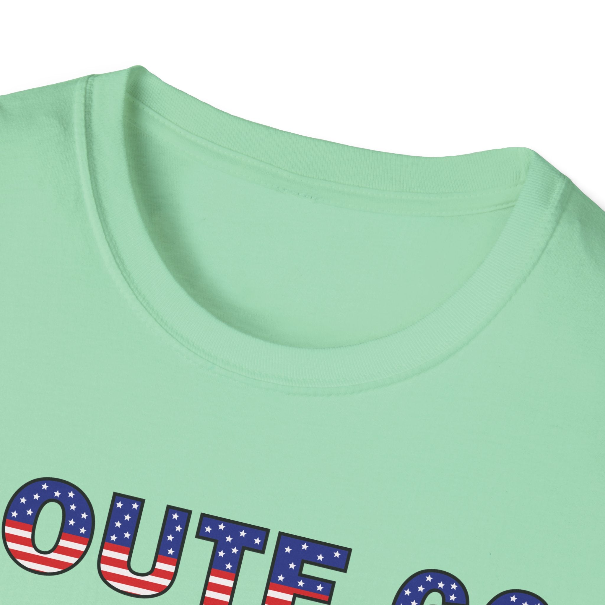 Route 66 Retro Text T-Shirt | American Flag Roadtrip Graphic