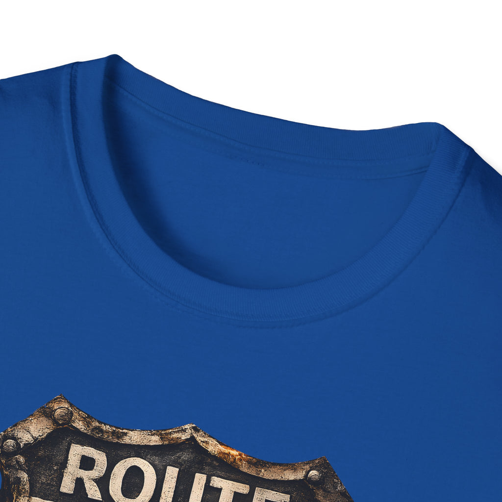 Route 66 Skull Badge T-Shirt | Ride the Legend, Winged Helmet Motorcycle Design