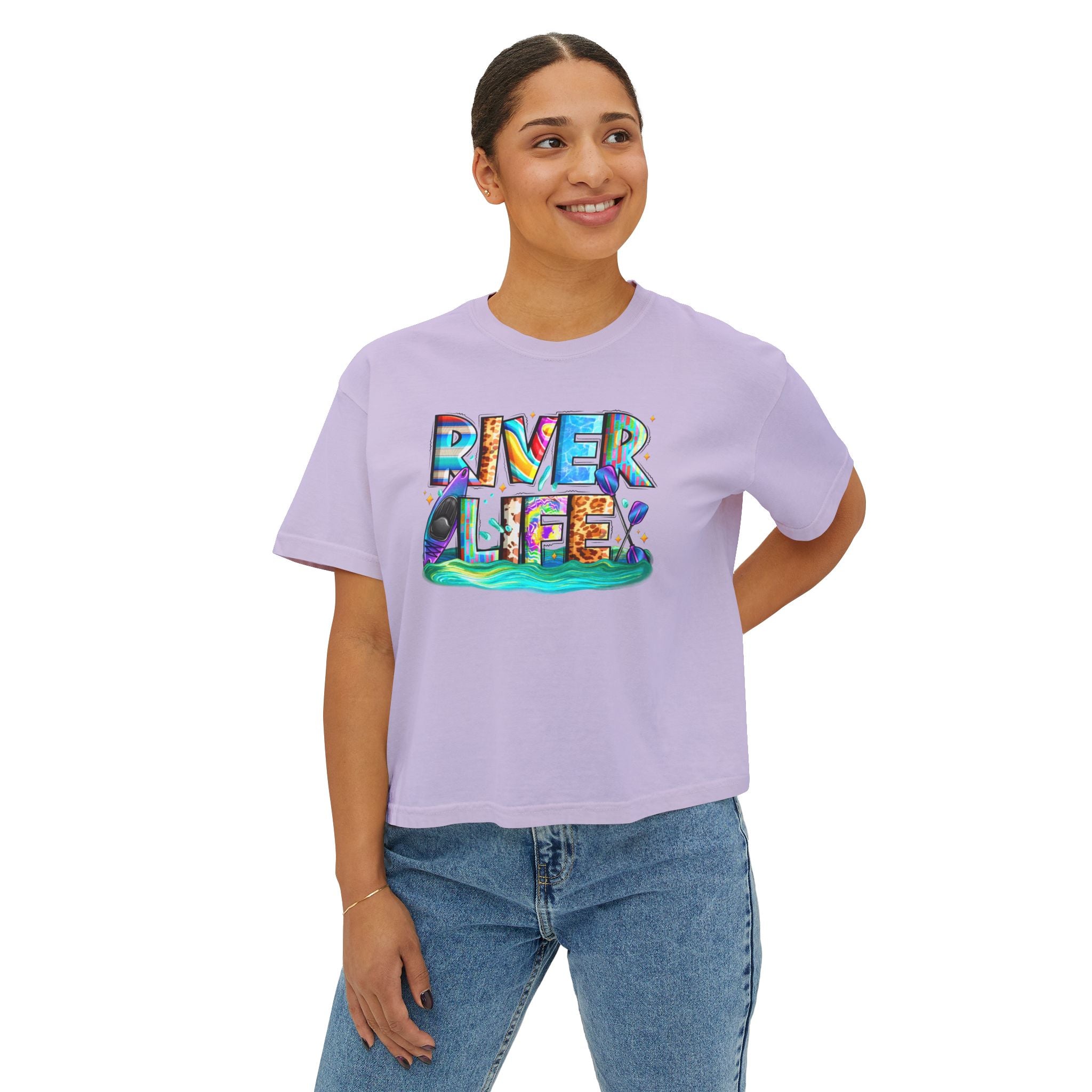 River Life boxy tee | colorful river lettering, kayak, fishing graphics