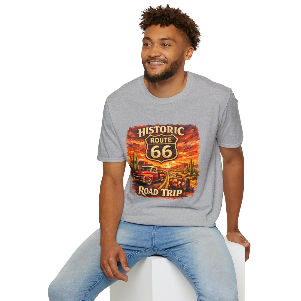 Historic Route 66 Road Trip T-Shirt | Vintage Car Desert Sunset
