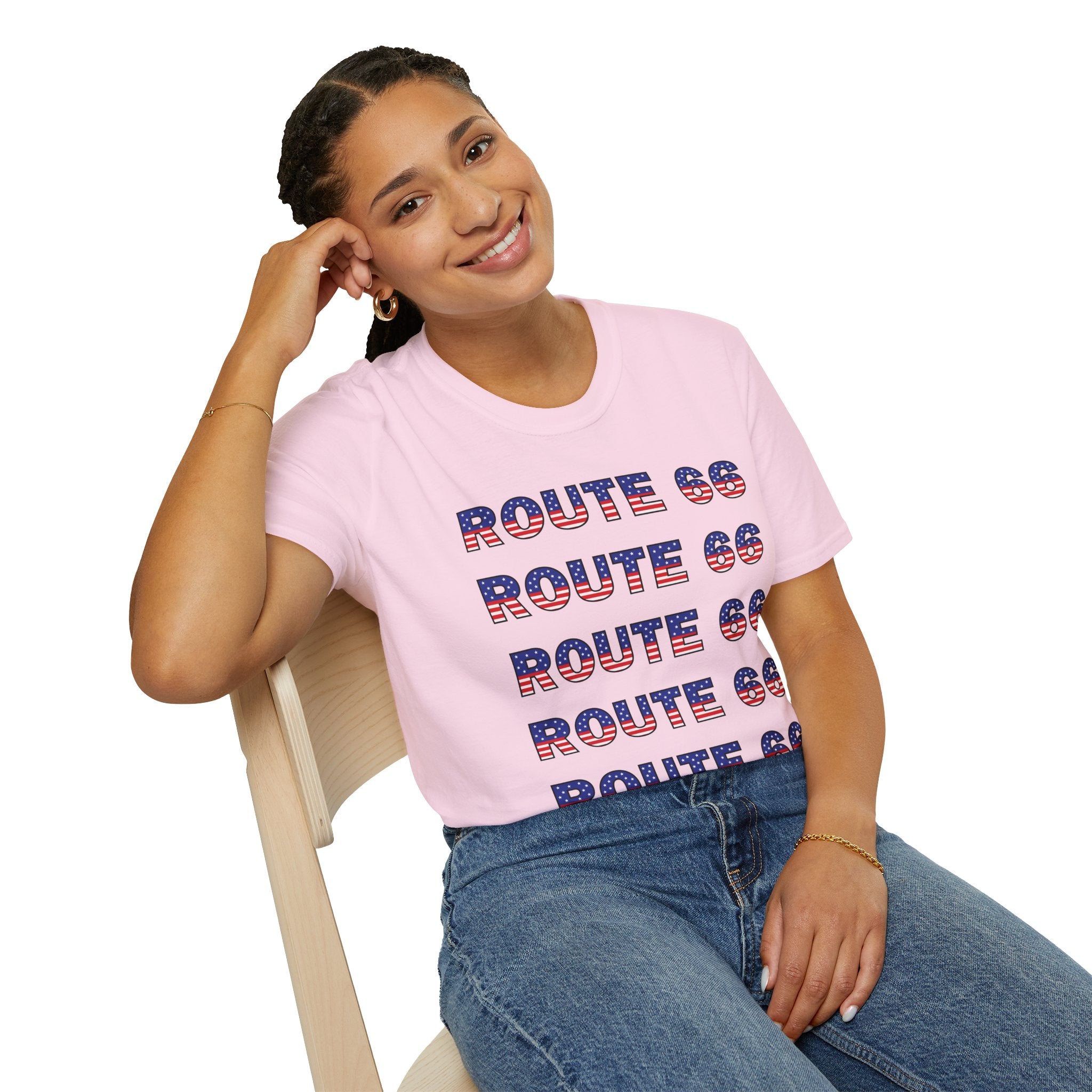 Route 66 Retro Text T-Shirt | American Flag Roadtrip Graphic