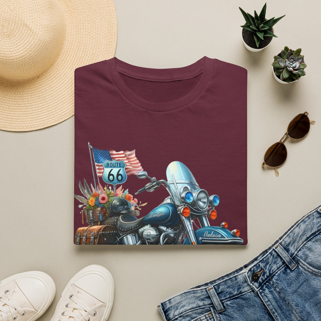 Route 66 Motorcycle Illustration T-Shirt | American Flag, Sunflowers