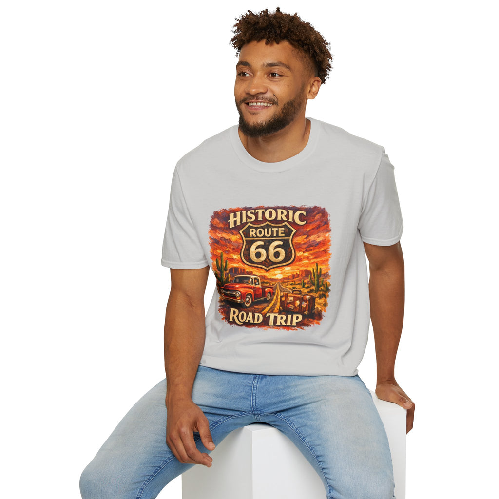 Historic Route 66 Road Trip T-Shirt | Vintage Car Desert Sunset