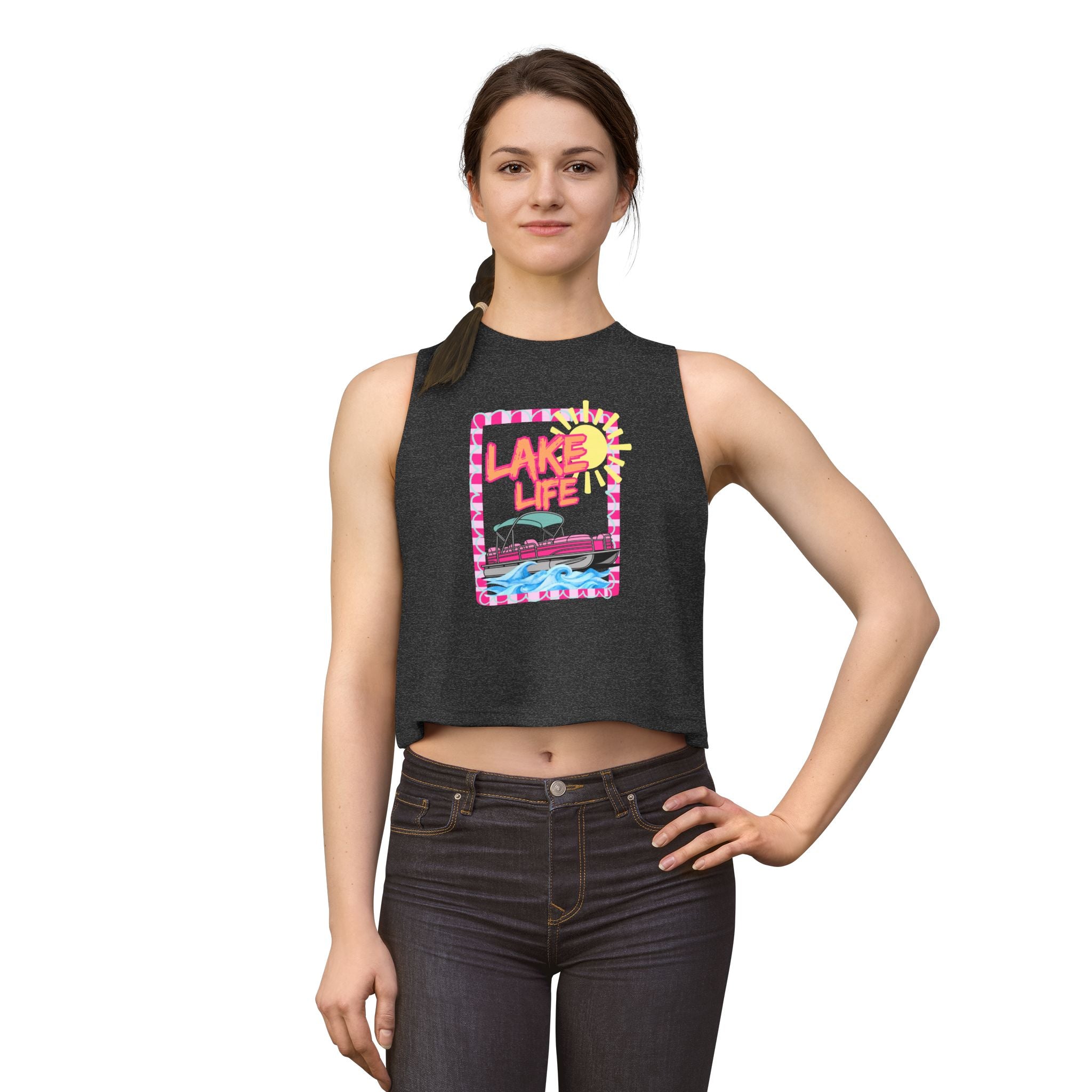 Lake Life boat illustration Crop Top | summer lake vibes, colorful retro frame