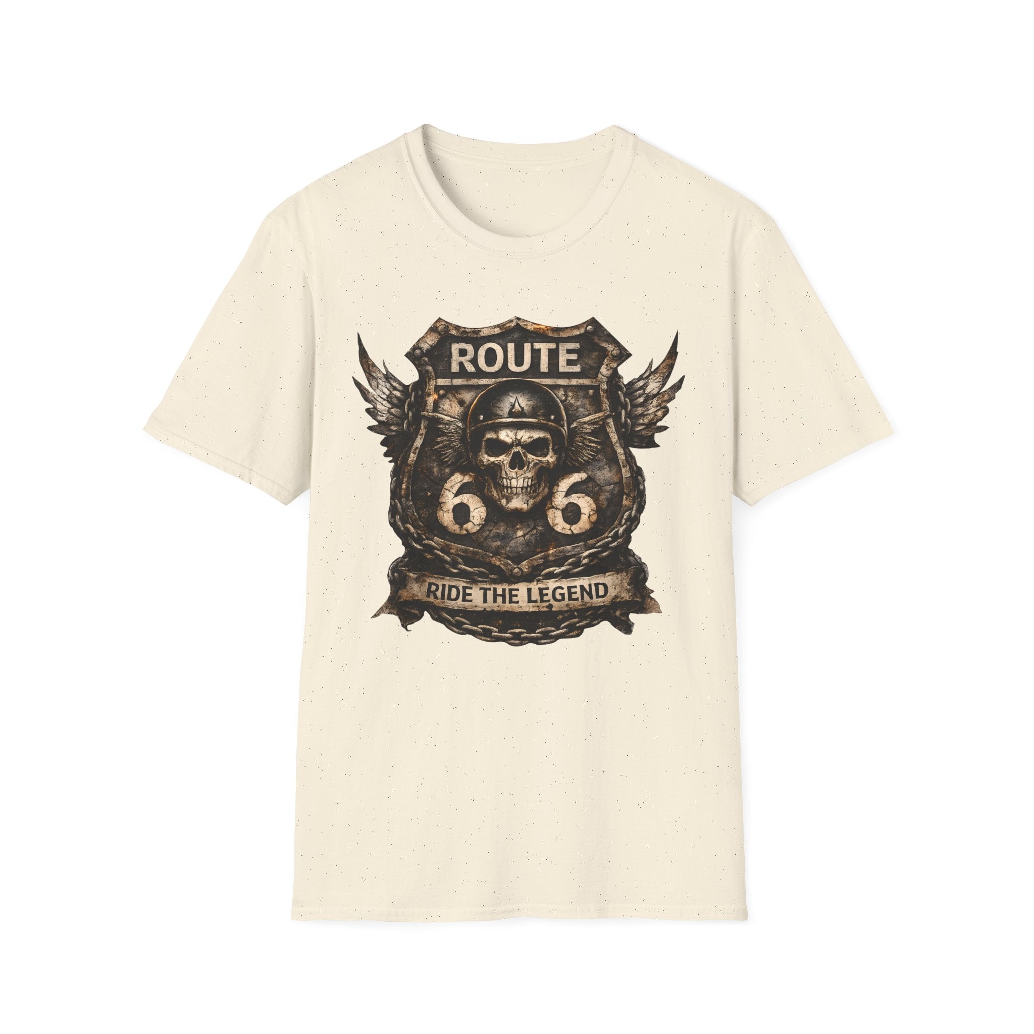 Route 66 Skull Badge T-Shirt | Ride the Legend, Winged Helmet Motorcycle Design