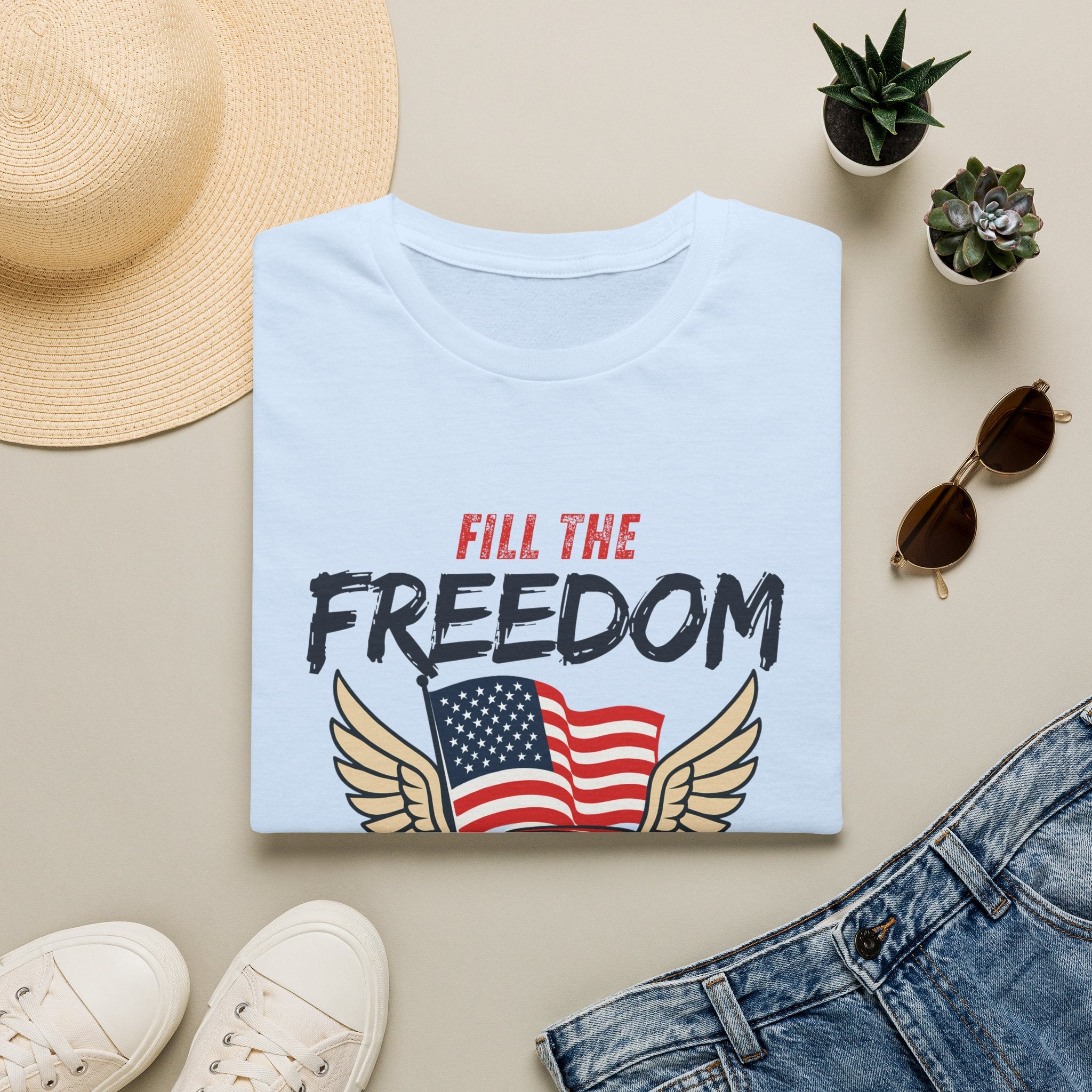 Fill the Freedom Vintage Car T-Shirt | American Flag Wings Chicago to Santa Monica Route 66