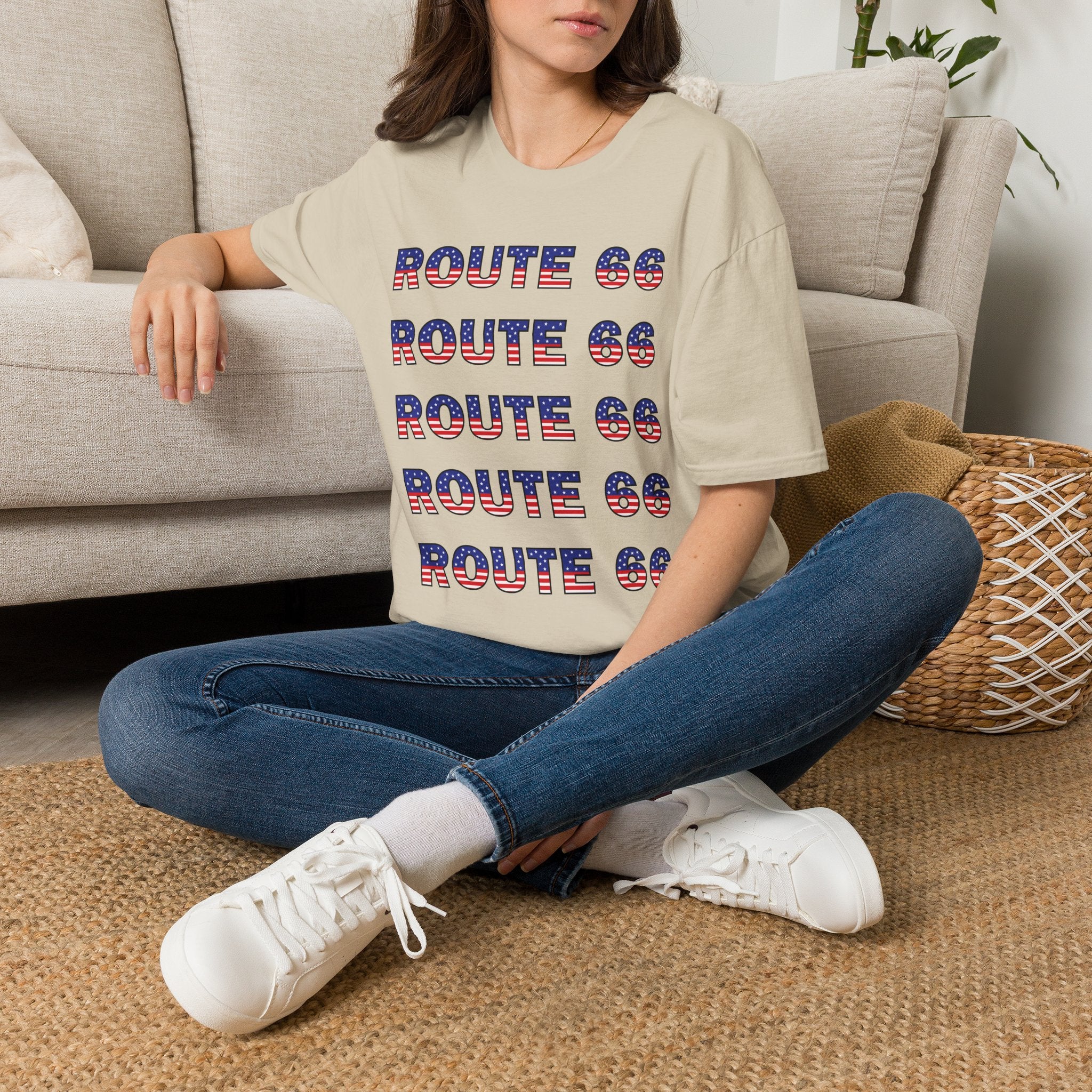 Route 66 Retro Text T-Shirt | American Flag Roadtrip Graphic