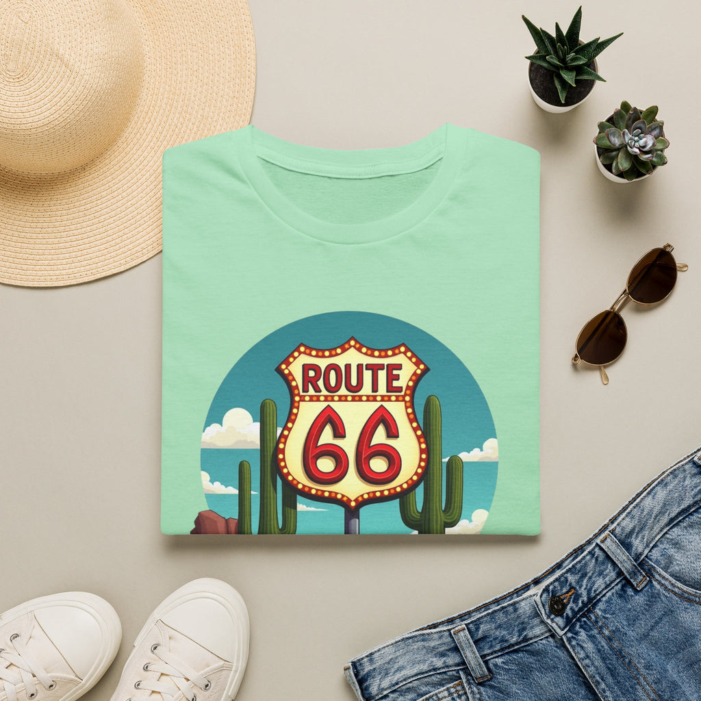 Route 66 Classic Car T-Shirt | Retro Desert Road Sign, Vintage Convertible