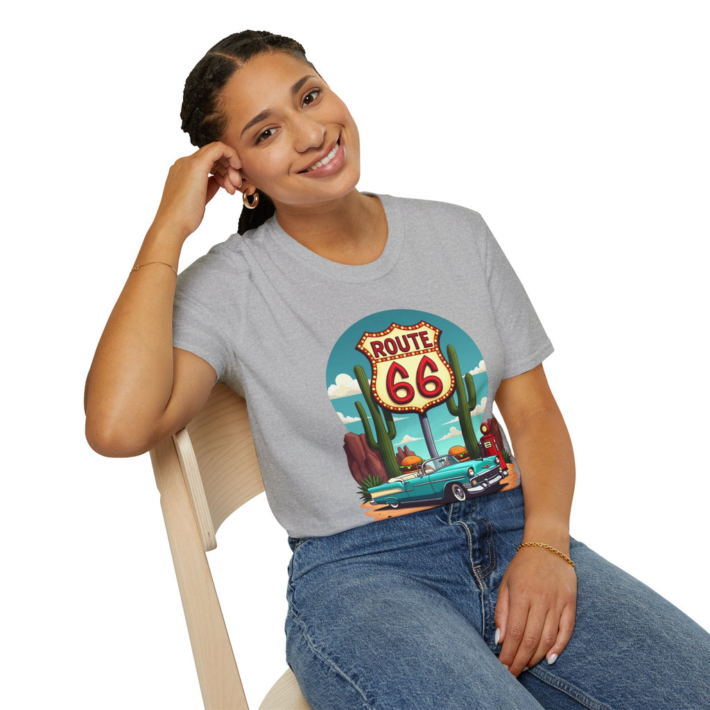 Route 66 Classic Car T-Shirt | Retro Desert Road Sign, Vintage Convertible