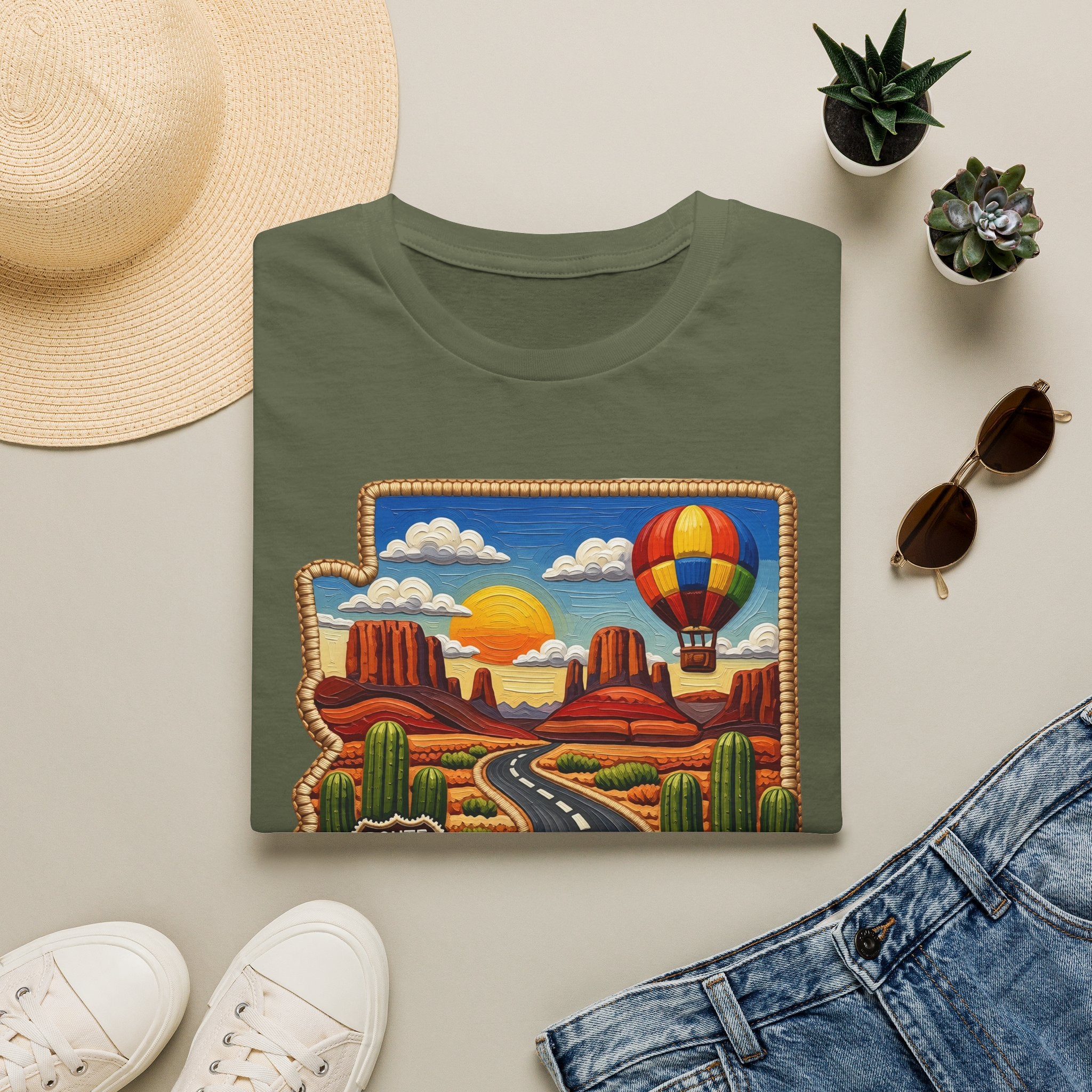 Arizona Route 66 Desert Road T-Shirt | Hot Air Balloon Southwestern Scene