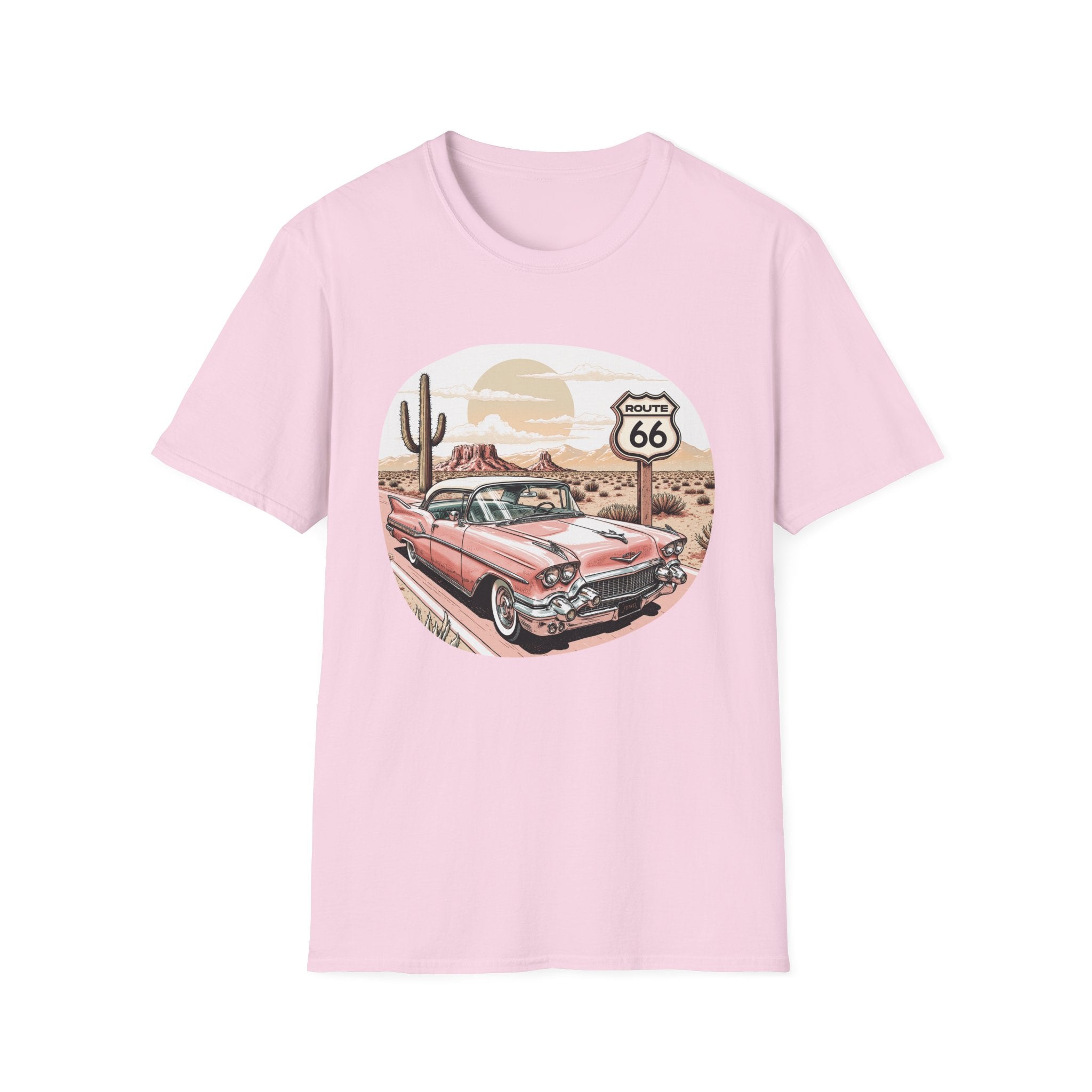 Retro Pink Classic Car Route 66 T-Shirt | Desert Cactus Vintage Roadtrip