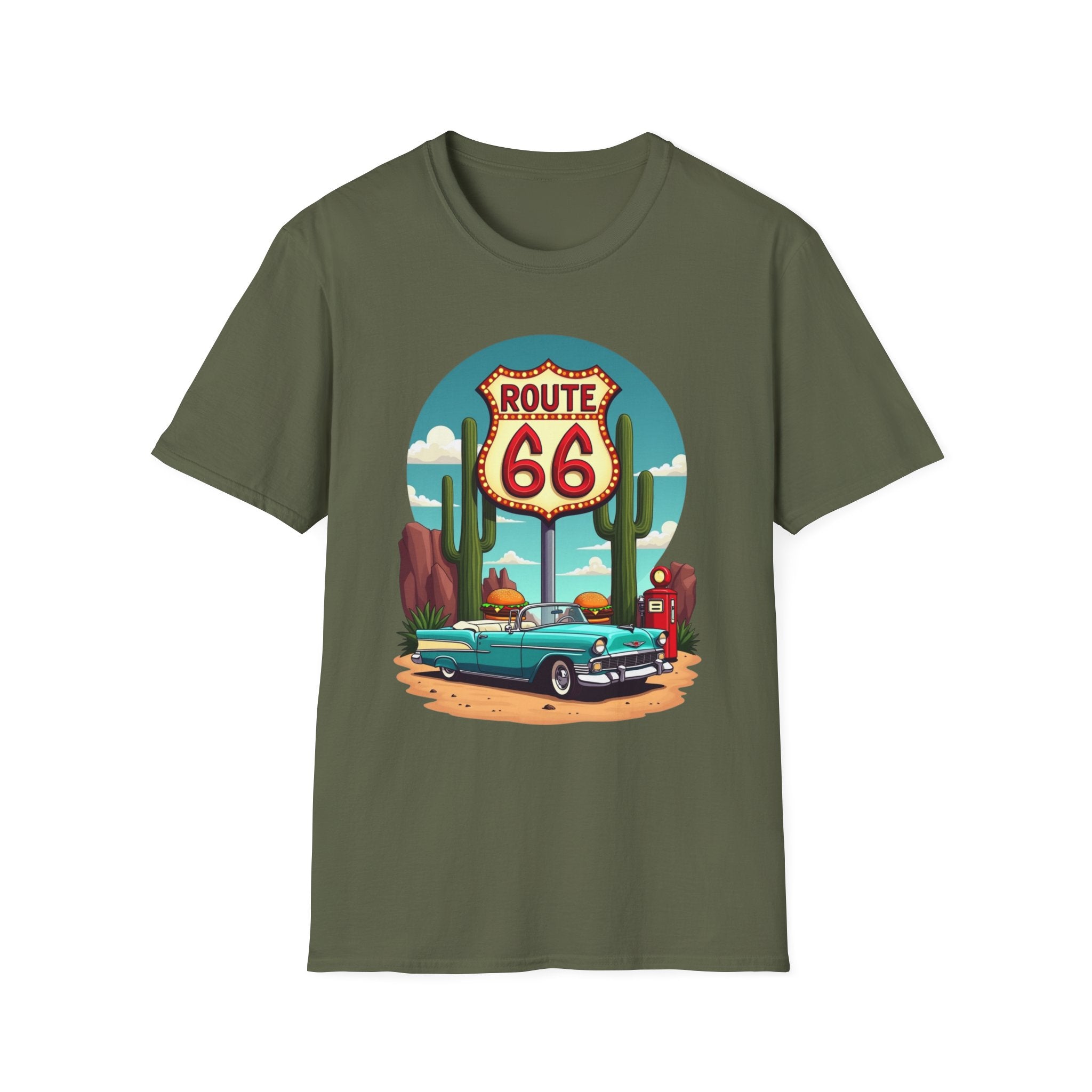 Route 66 Classic Car T-Shirt | Retro Desert Road Sign, Vintage Convertible