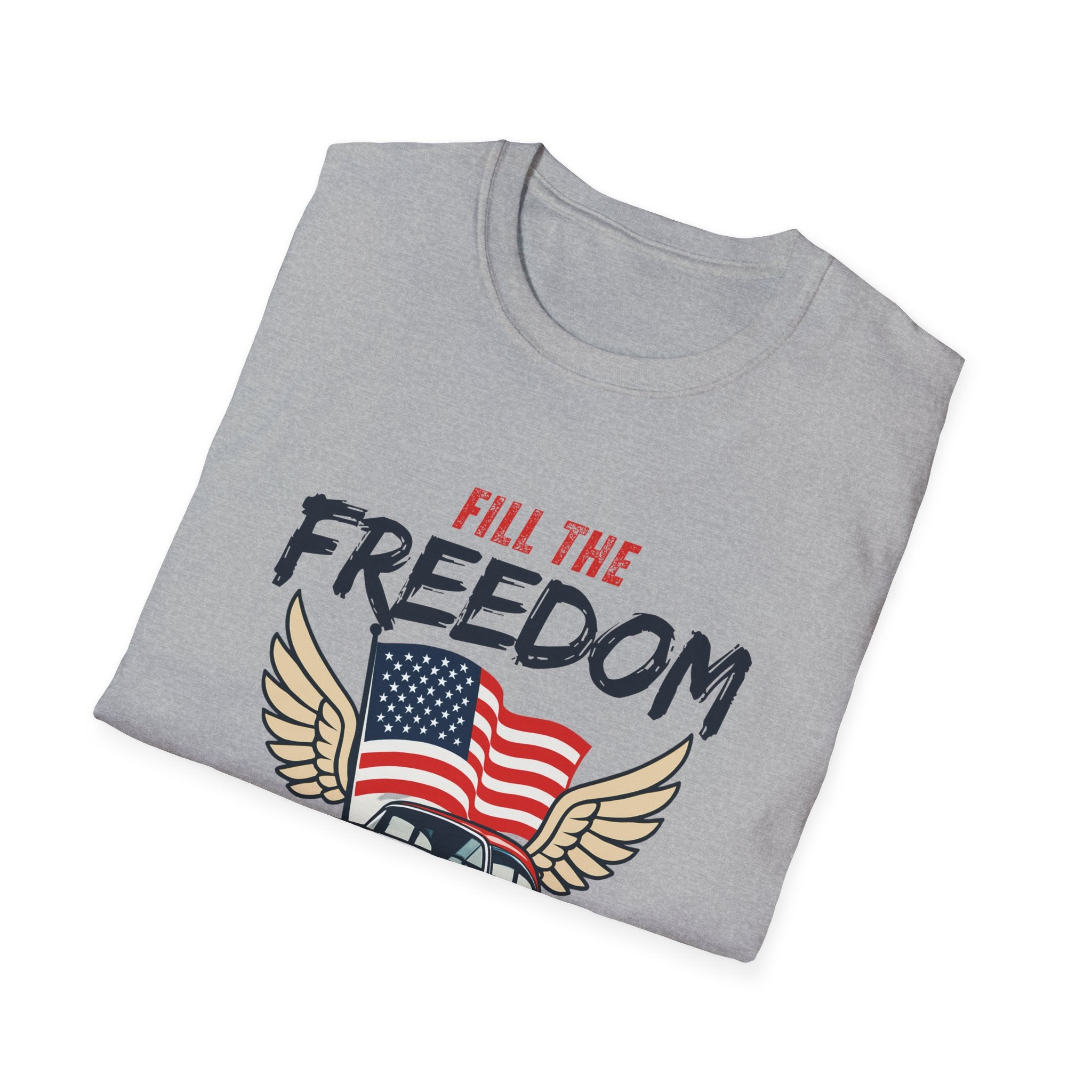 Fill the Freedom Vintage Car T-Shirt | American Flag Wings Chicago to Santa Monica