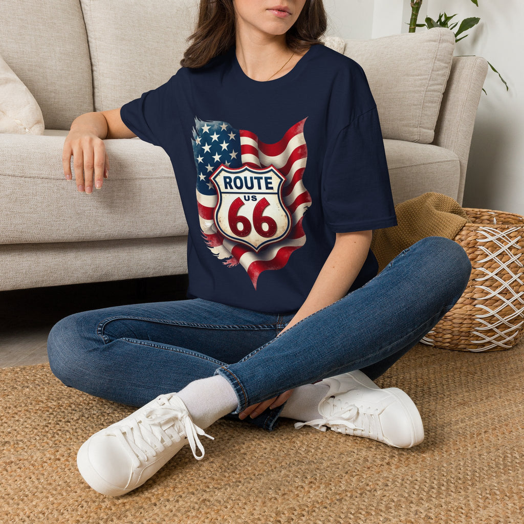 Route 66 Shield with American Flag T-Shirt | Vintage Road Trip Tee