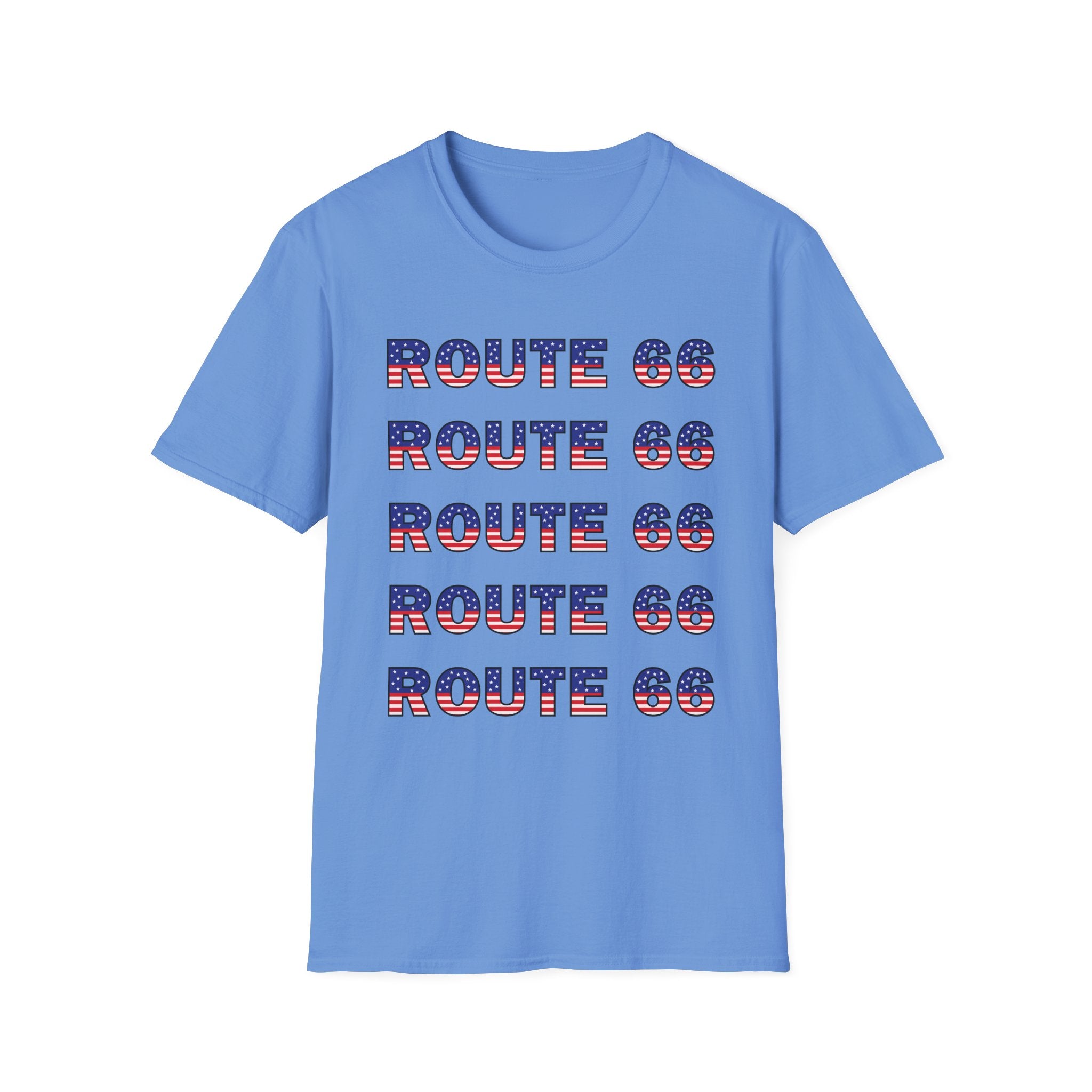 Route 66 Retro Text T-Shirt | American Flag Roadtrip Graphic