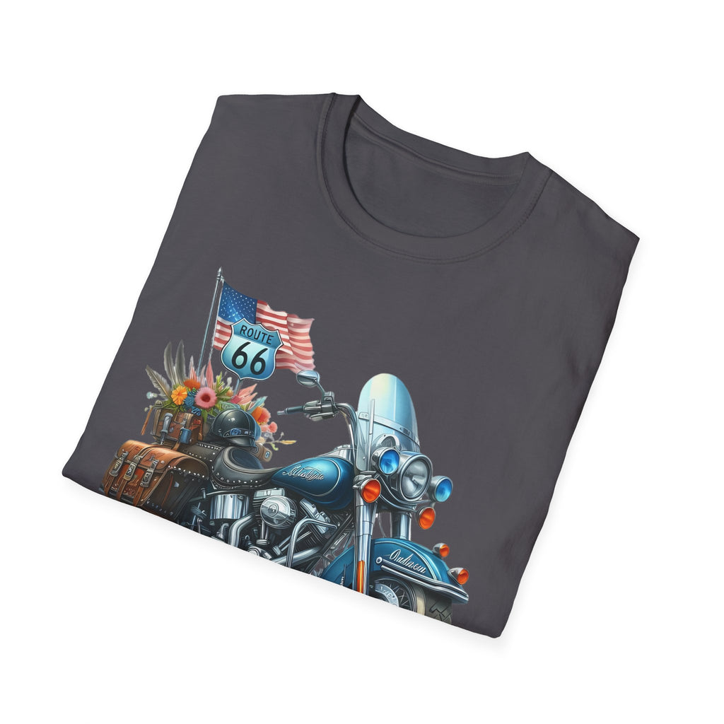 Route 66 Motorcycle Illustration T-Shirt | American Flag, Sunflowers