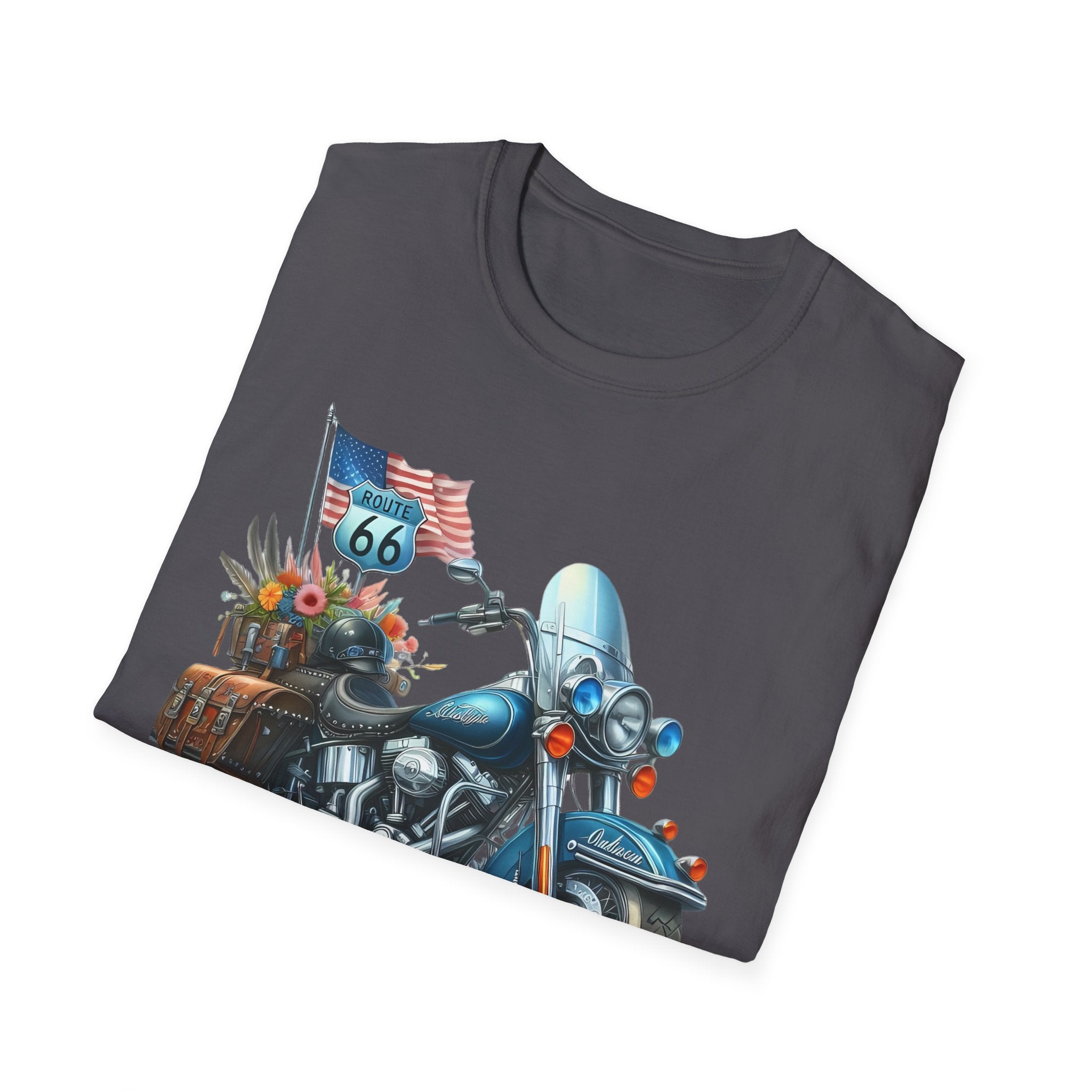 Route 66 Motorcycle Illustration T-Shirt | American Flag, Sunflowers