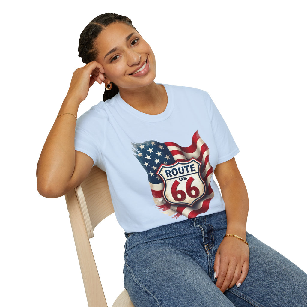 Route 66 Shield with American Flag T-Shirt | Vintage Road Trip Tee