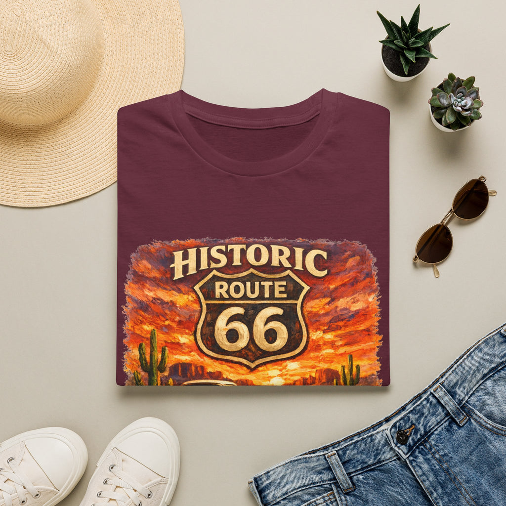 Historic Route 66 Road Trip T-Shirt | Vintage Car Desert Sunset