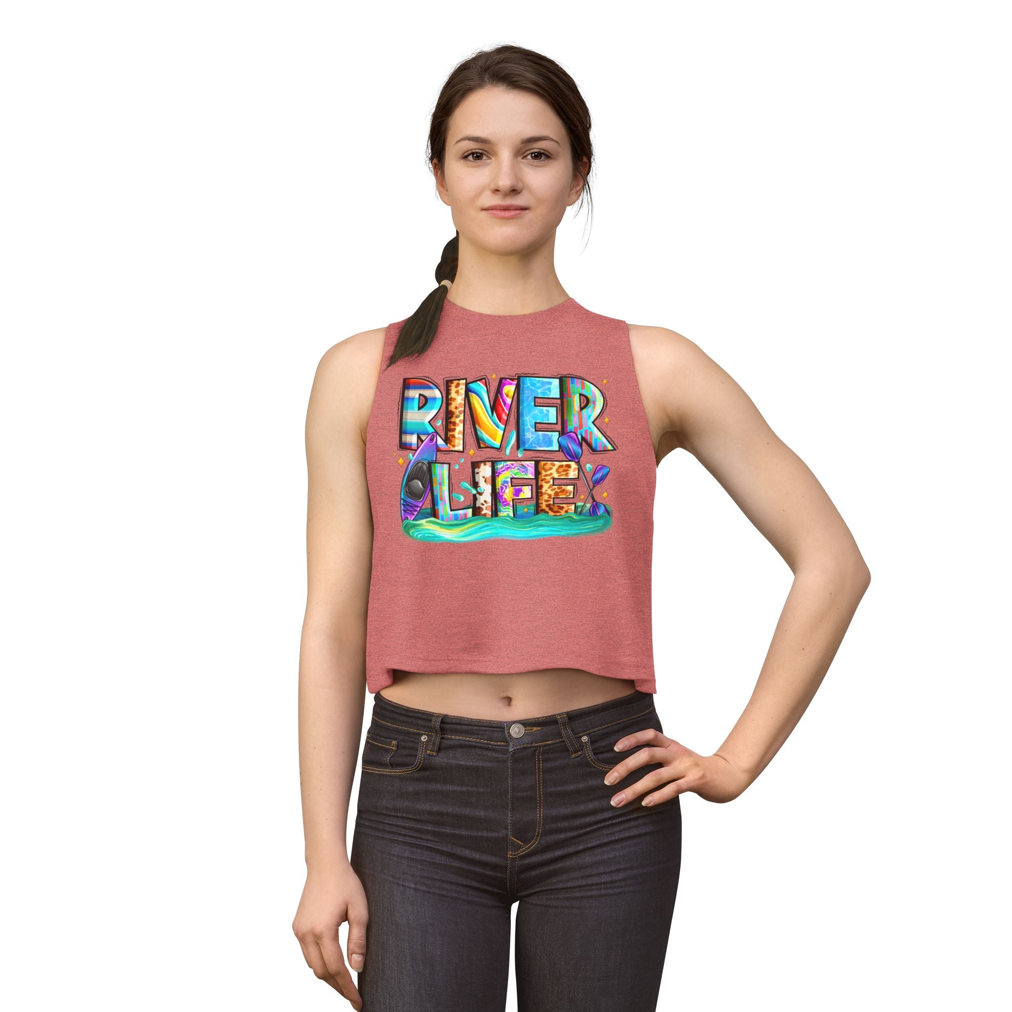 River Life Graphic Women's Crop Top | Kayak Paddle River Scene