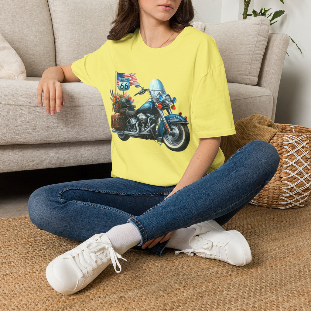 Route 66 Motorcycle Illustration T-Shirt | American Flag, Sunflowers